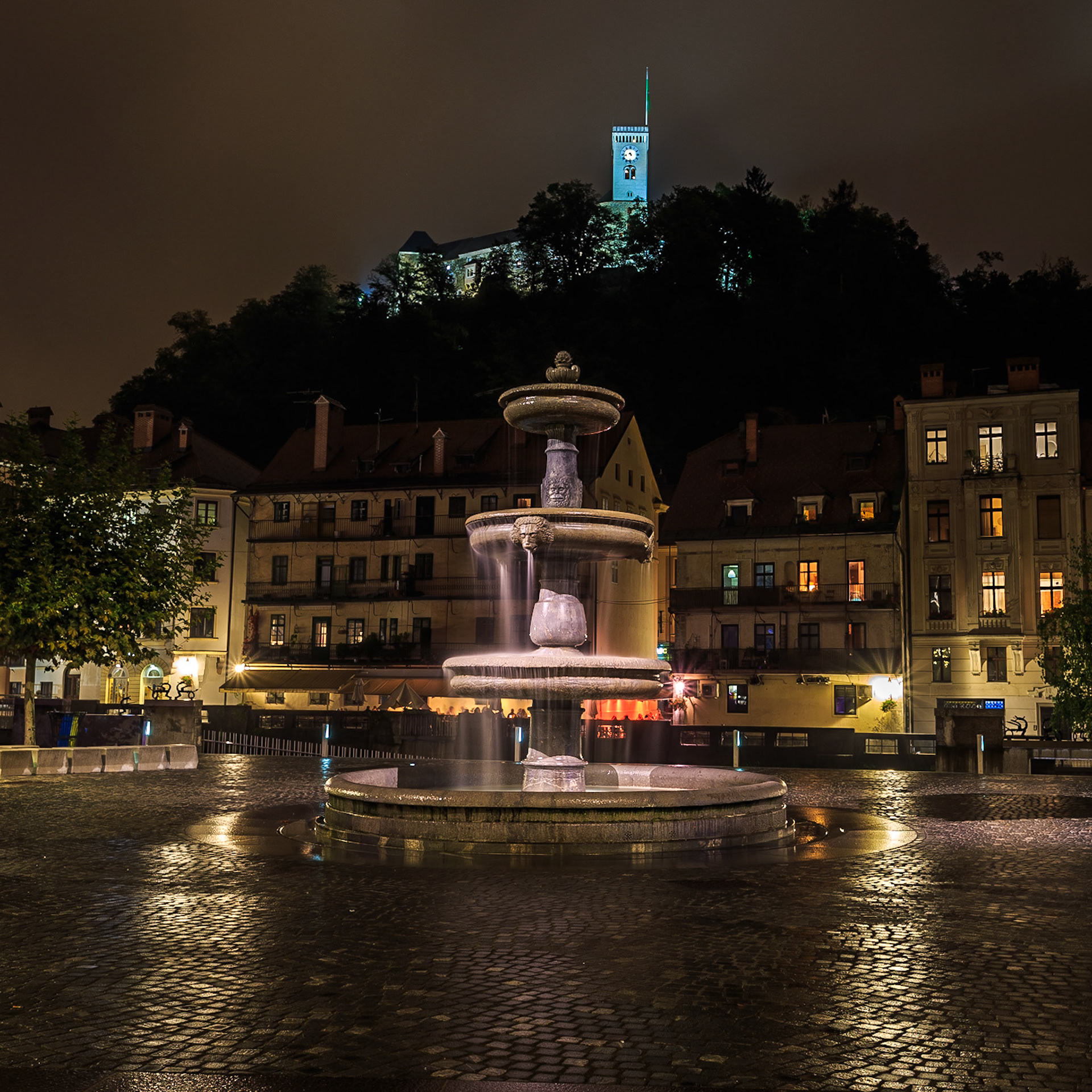 Novi Trg Street Fountain and Ljubljana Castle