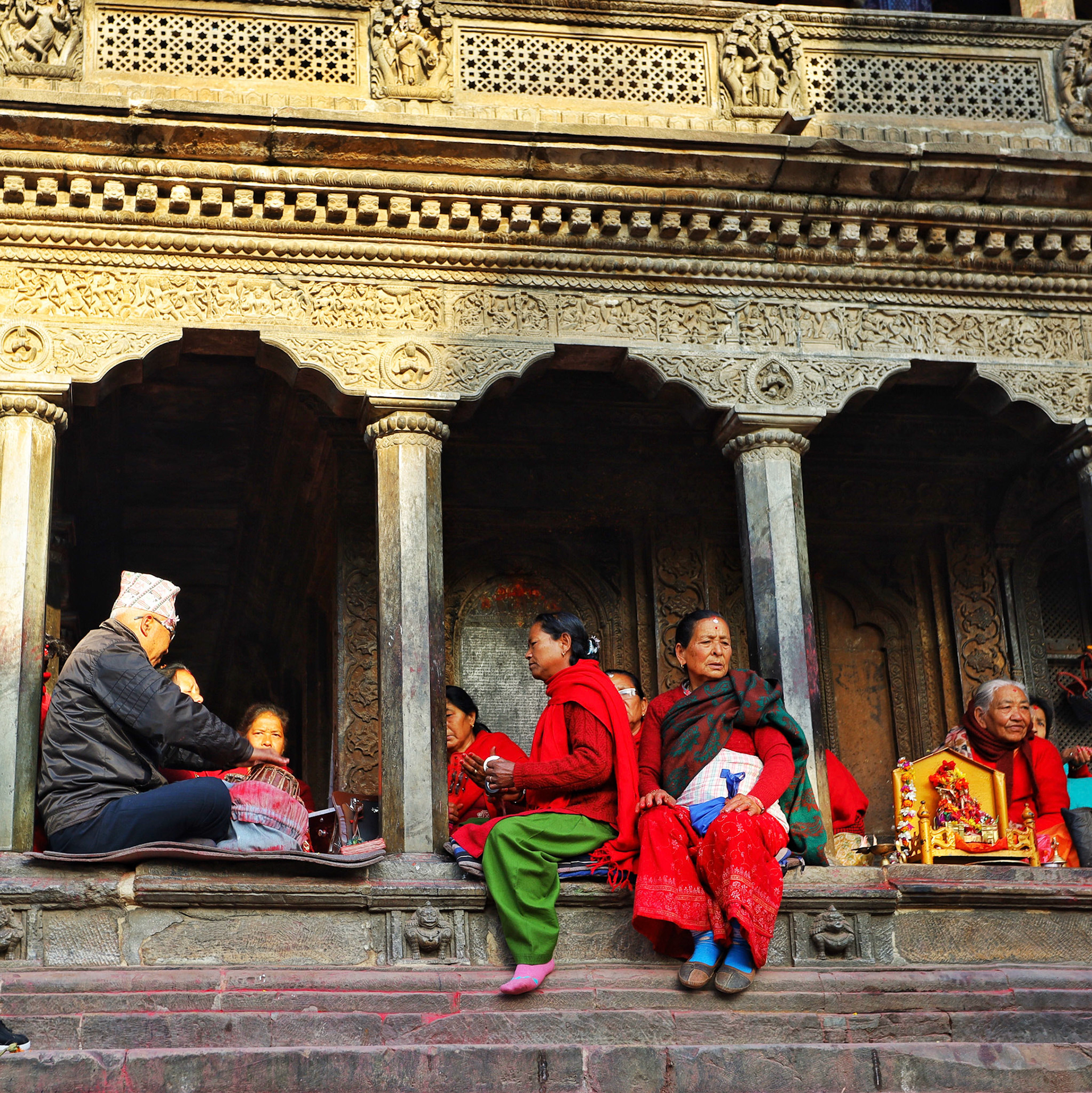 Morning Prayers - Krishna Mandir & Garud Statue  - Patan Durbar Square, Nepal