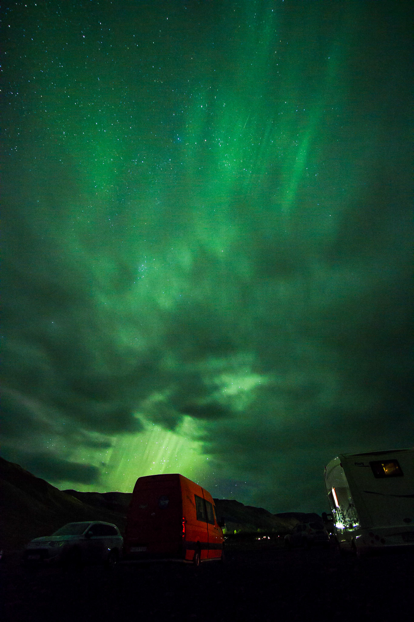 Northern Lights in camp at Skógafoss Falls