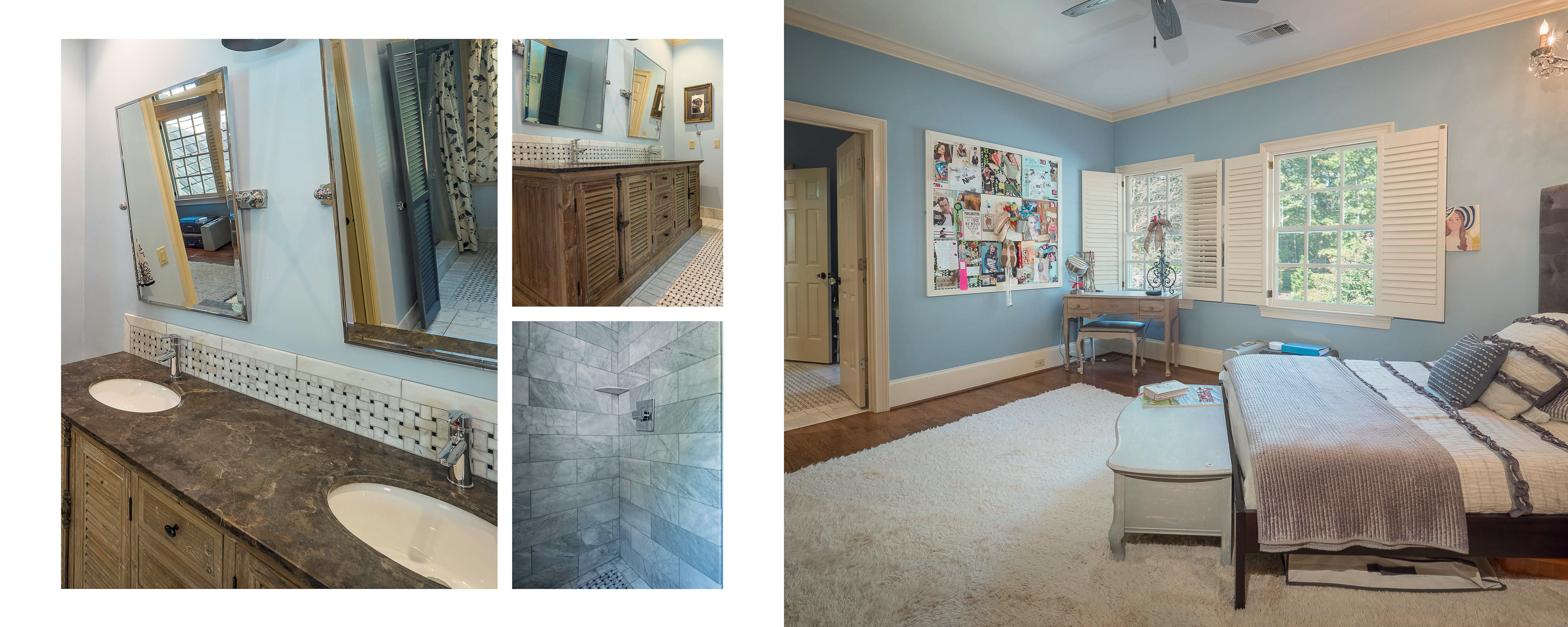 Bedroom and renovated bathroom in luxury executive real estate in Milton, GA.