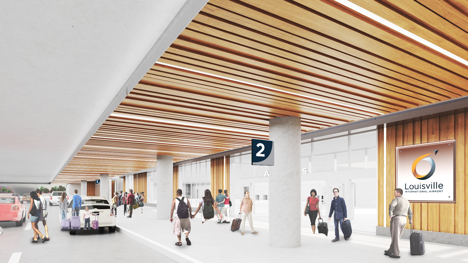 Wood-finish feature wall, inset logo on frosted acrylic resin. Backlighting. Blade wayfinding graphics.