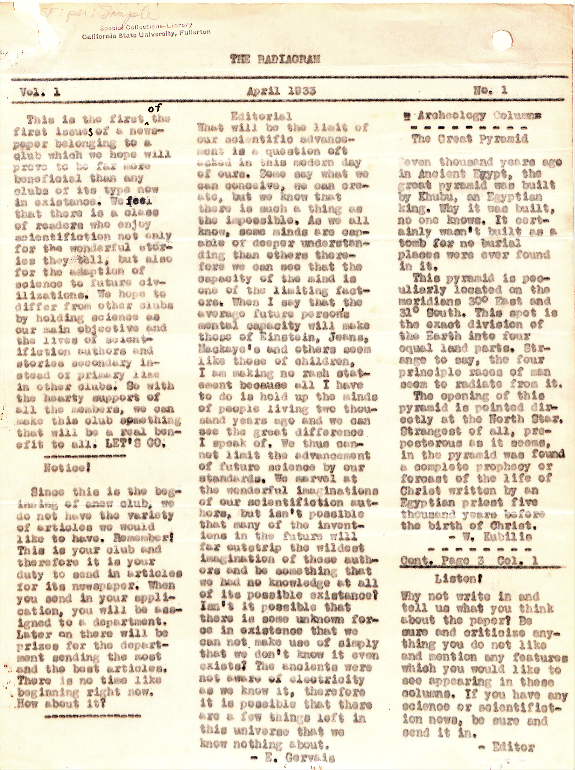 Radiagram. No. 1 (April 1933). 