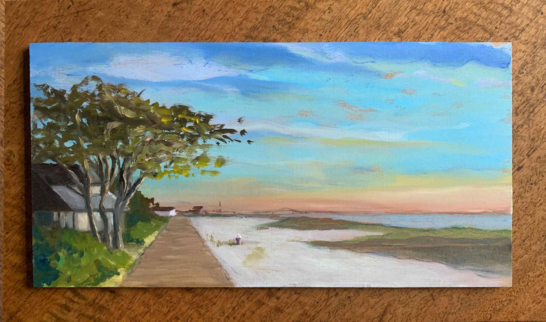 Bay Prom, Oil on Board, 6"x 12", 2021