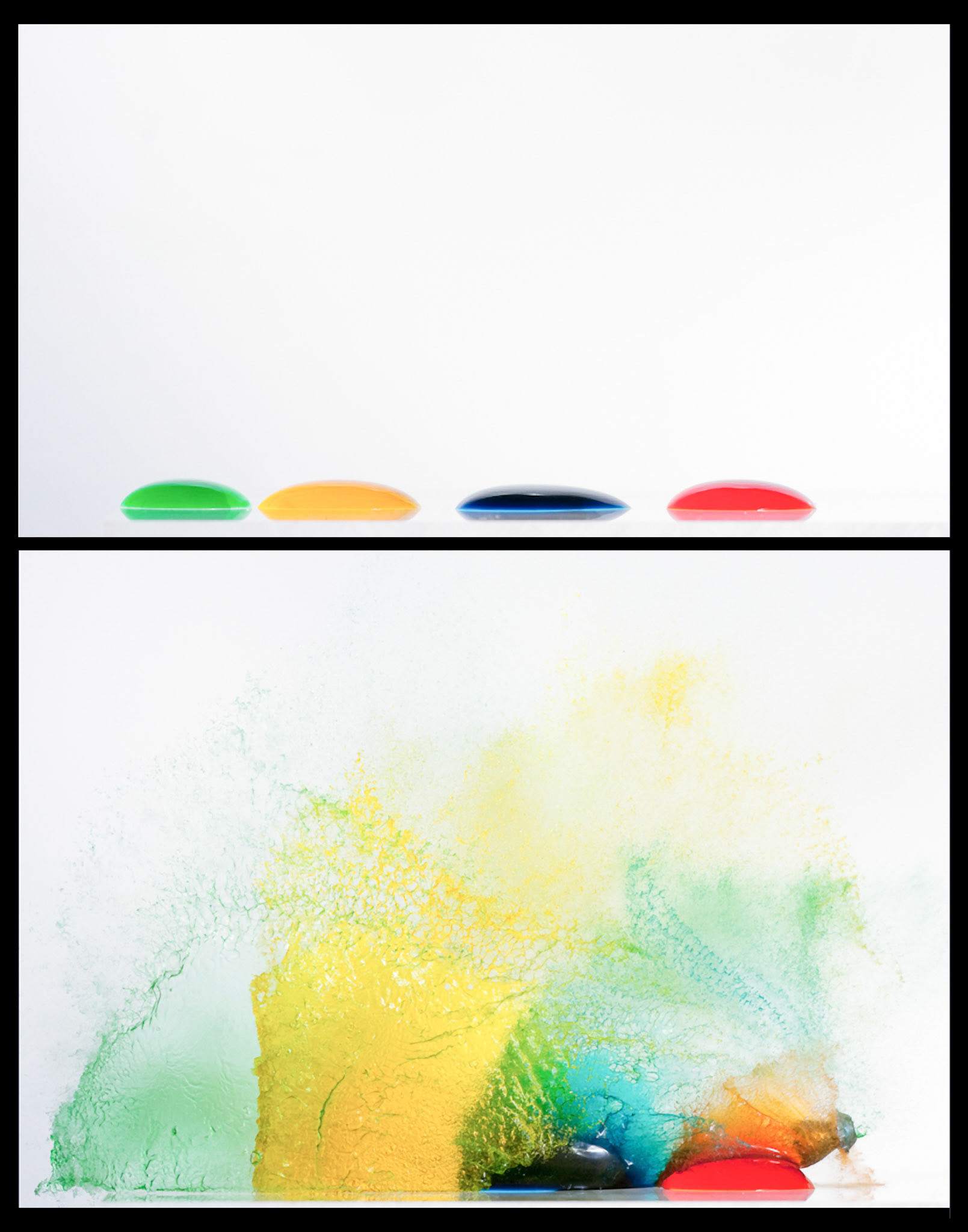 Above: 4 colored water droplets. Below: Air pistol pellet plowing through droplets