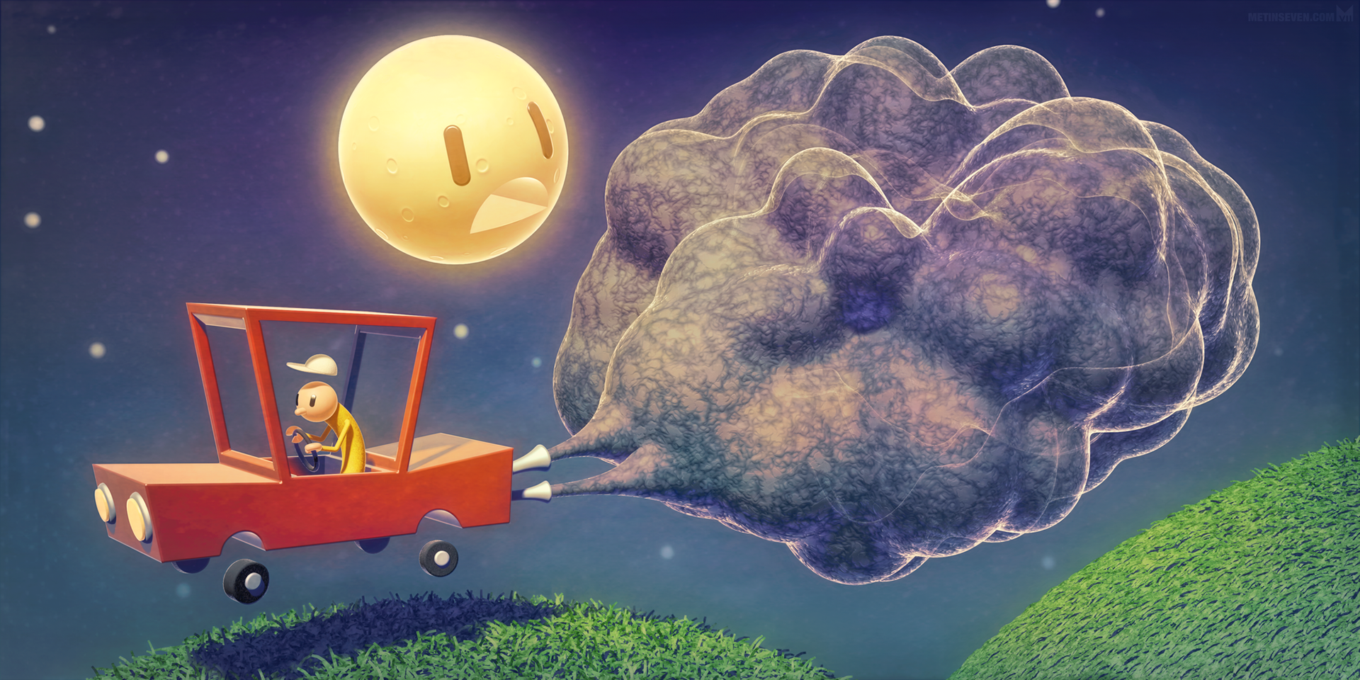 3d, pollution, environment, globalwarming, car, cartoon, stylized, moon, stars, night, blender, blender3d, b3d