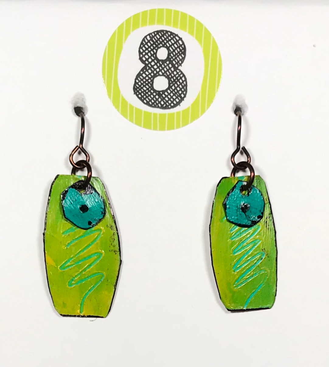 Penny Cox - Grunge Earrings - Mixed media; Tin, Paper, Acrylic, Magic Markers, Niobium Wire - $40