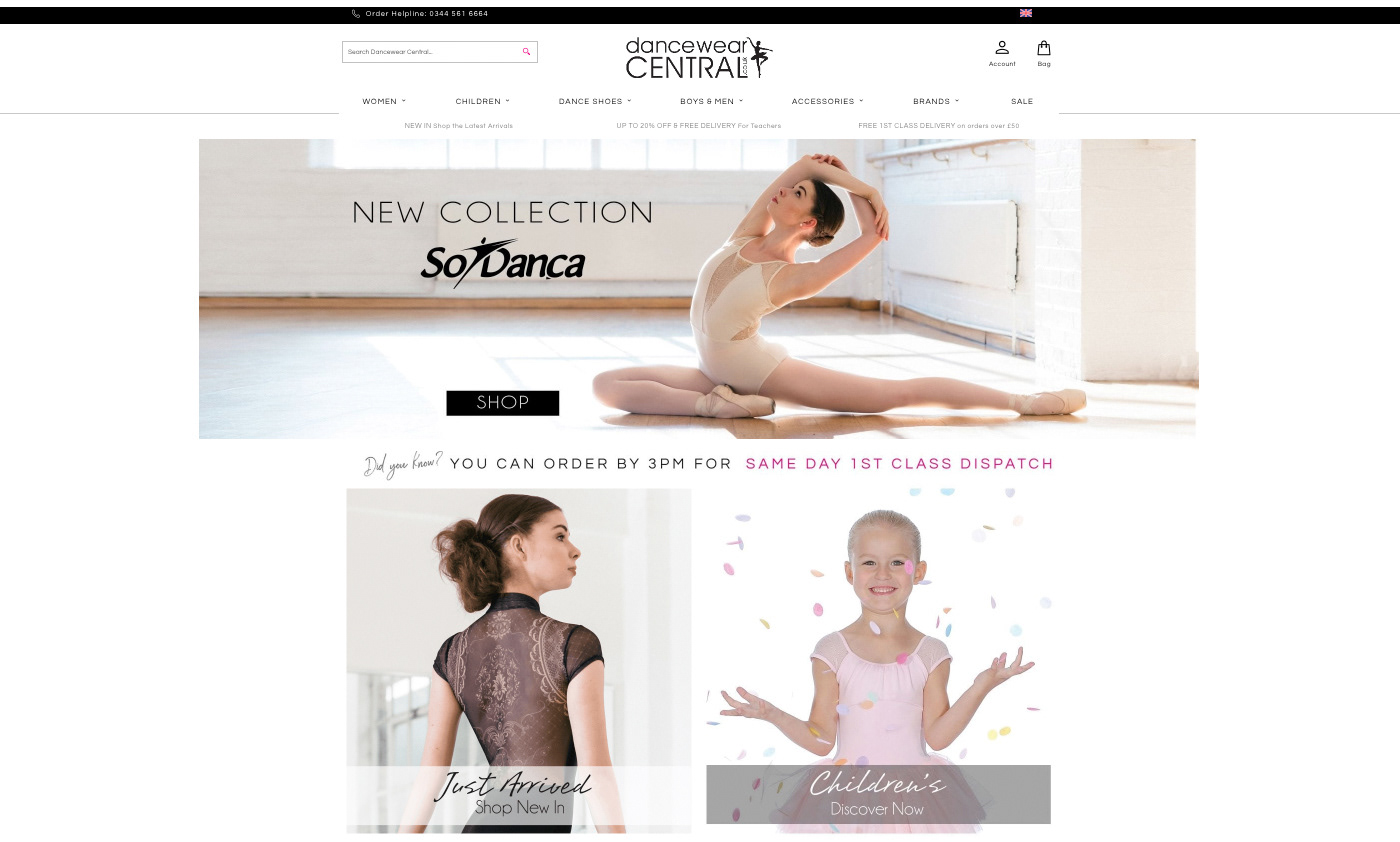A snap shot of how the dancewear central homepage looks like