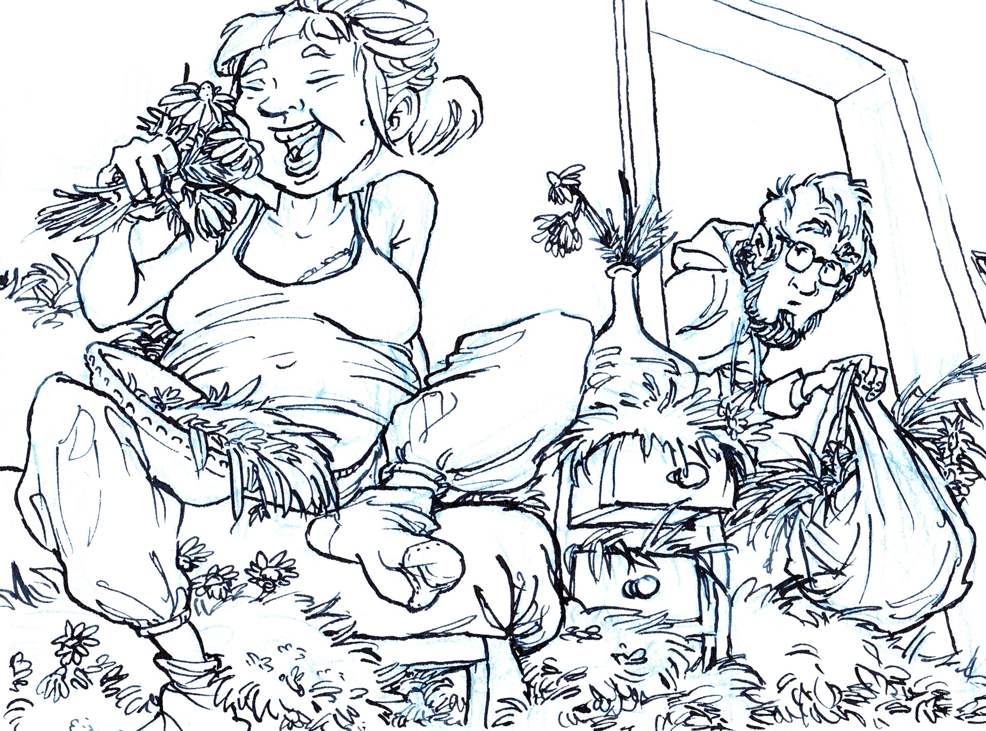 Schwangere Frau sitzt auf dem Bett und mampft genüsslich ein Büschel Gras. Um sie herum liegt überall Heu verteilt. Ihr Mann schaut zur Tür herein und hat bereits mehr von der Wiese in einer Tüte nach Hause gebracht. Illustration in Tusche.