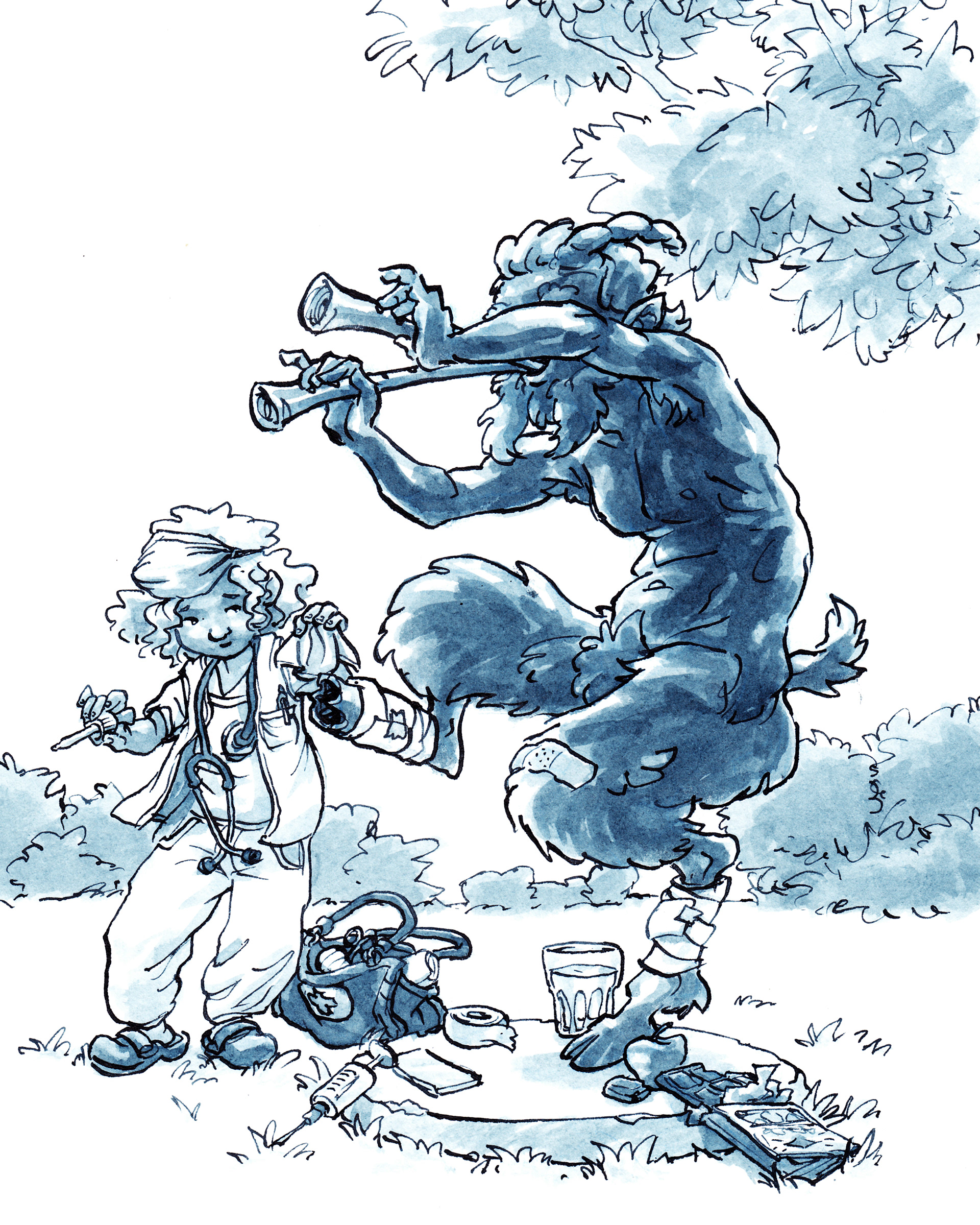 Mädchen als Krankenschwester verkleidet veraztet kaputten Fuß einer Faun-Statue. Illustration in Tusche.