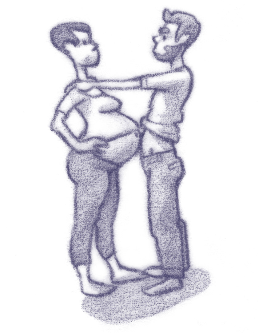 Schwangere Frau und Mann stehen sich gegenüber. Illustration.