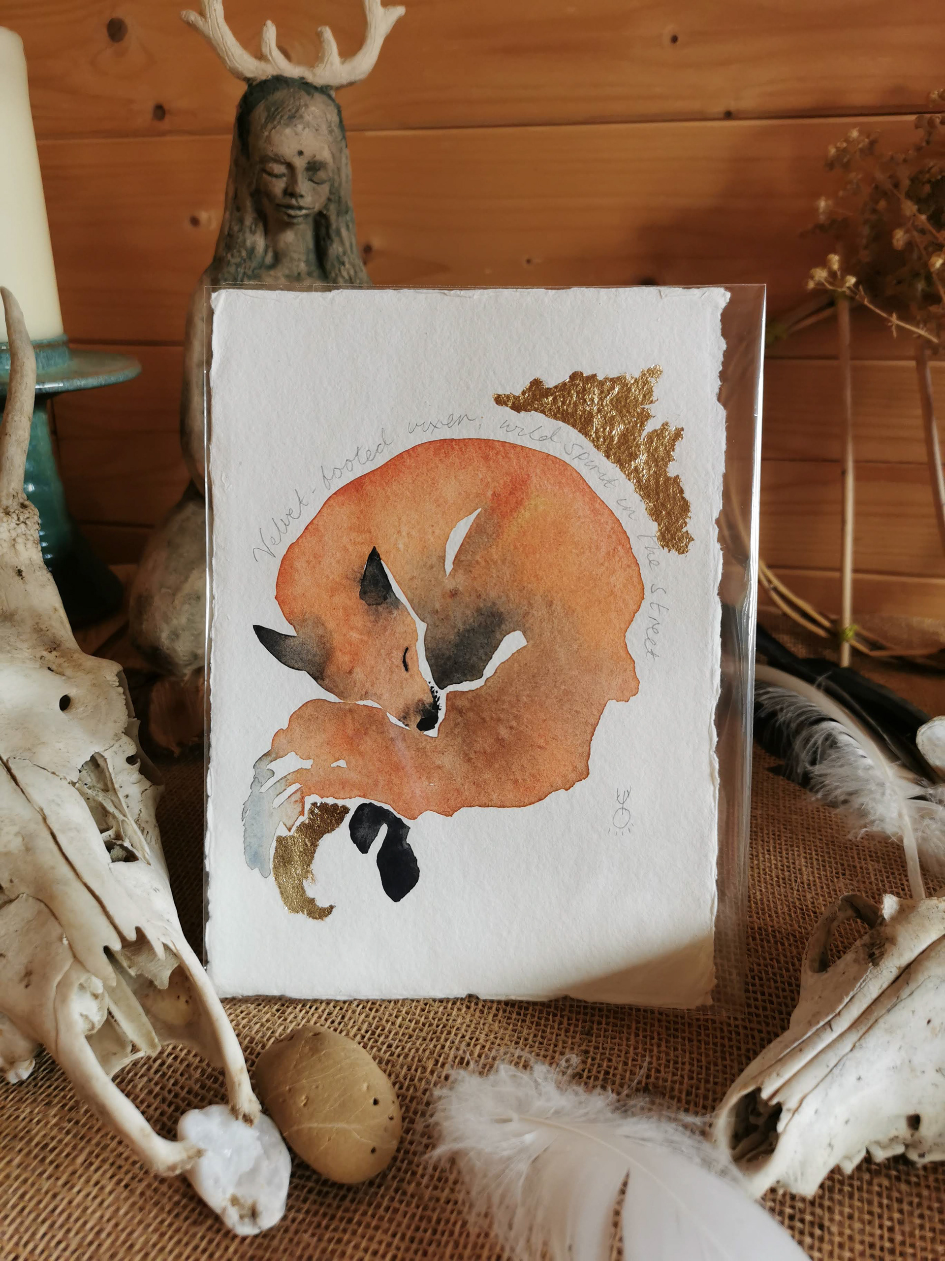 New: Sleepy fox A5 watercolour and gold leaf: £40