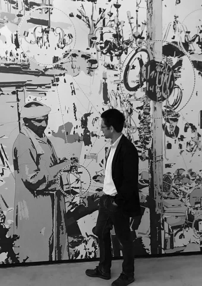 Venice Biennale 2018 Janneke Eggink and Jason Chia, Line art showing sales man of informal market in Cairo with man looking at the exhibition