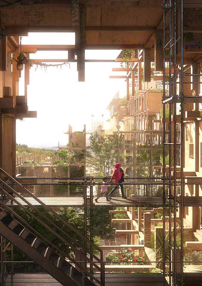 Visual by Mozses of Shelter on the edge from camps to cities 'Case Syria' design by Design and More International. The visual shows a women and child walking on futuristic wooden housing.