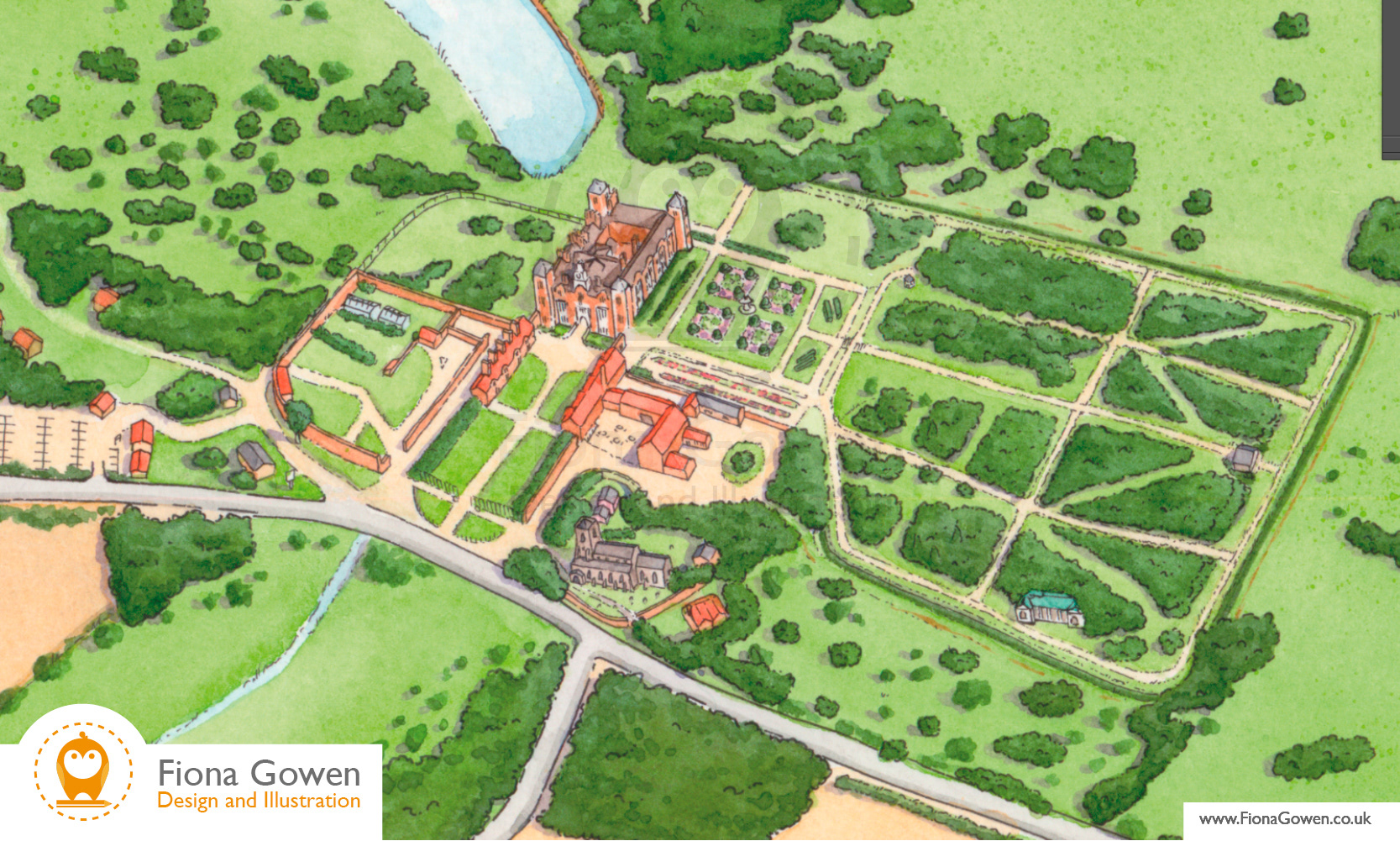 National Trust Blickling hall, Illustrated visitor map by Fiona Gowen. Cropped in to show the Hall and Gardens