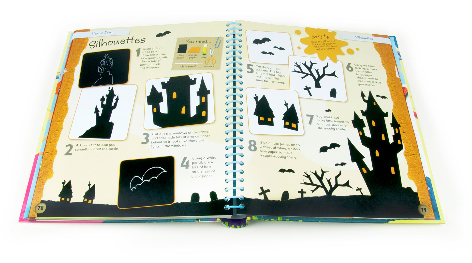 Interior spread from Childrens craft book How to draw, published by igloo books and illustrated by Fiona Gowen. This page features a black silhouette castle and bats