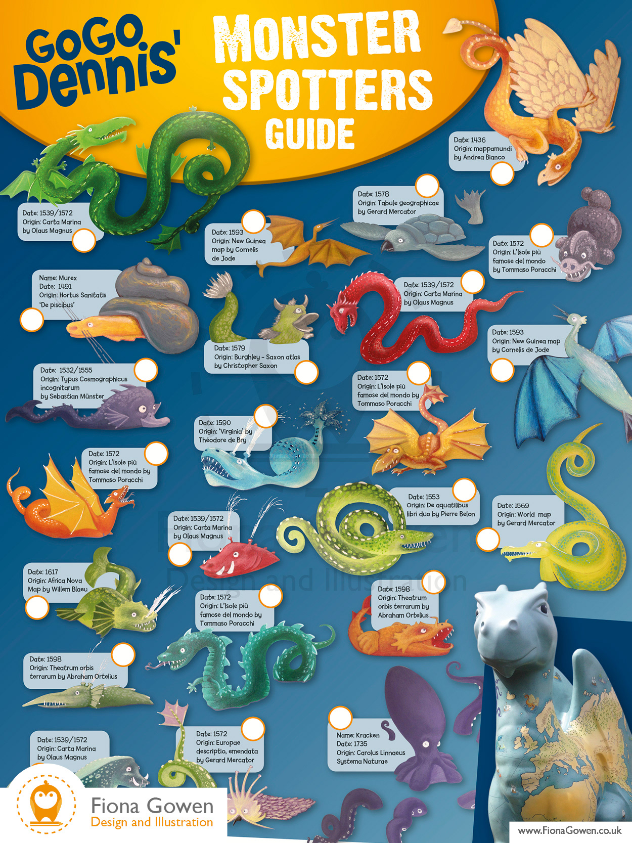 Norwich 2015 GoGoDragons sculpture Illustrated map monster spotters guide. Painted and designed by Fiona Gowen