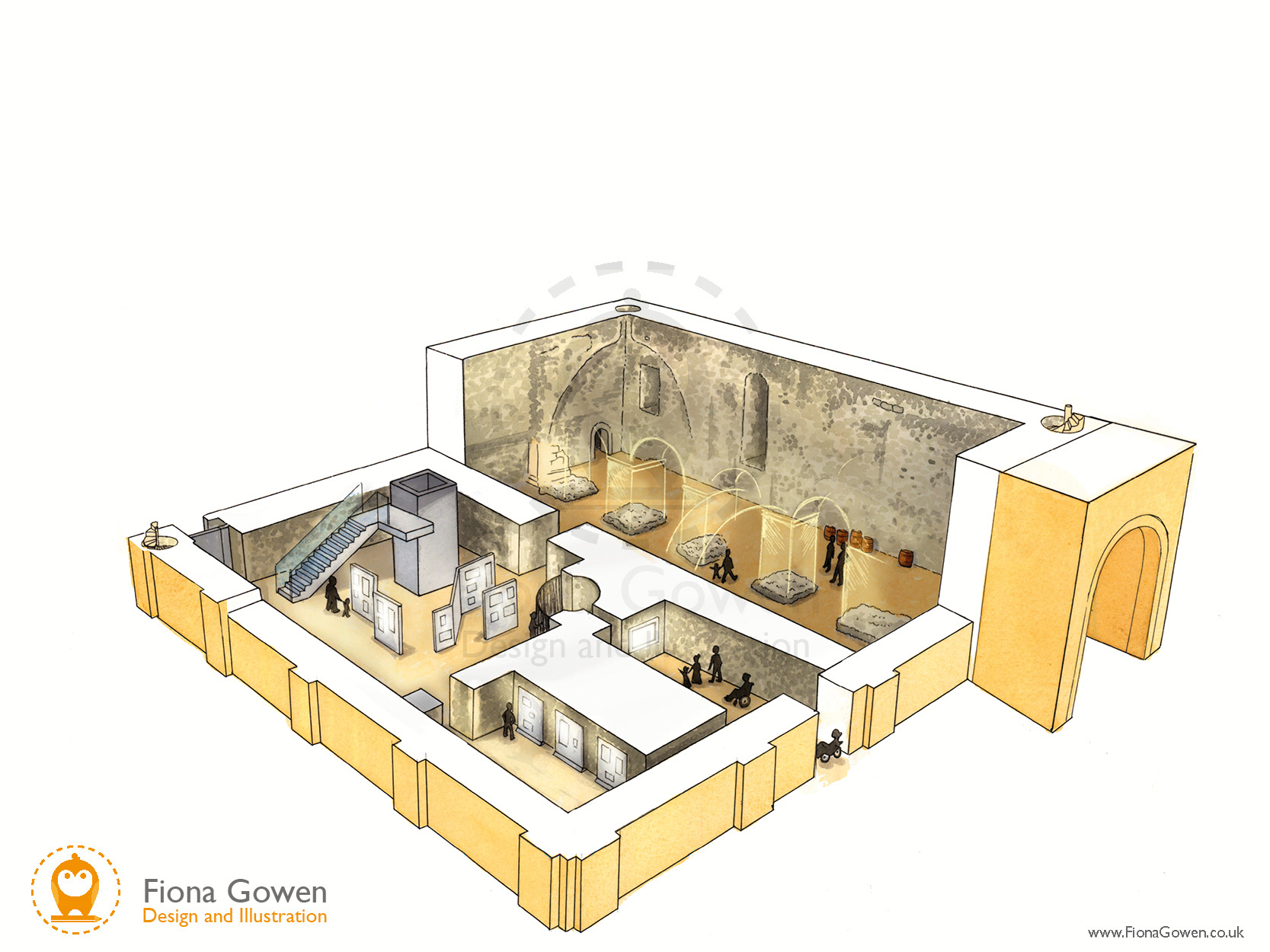 An artists impression cut though illustration of the Ground floor of the proposed Norwich Castle Keep redevelopment project. Shows visitors looking at reconstructed arches and display panels.