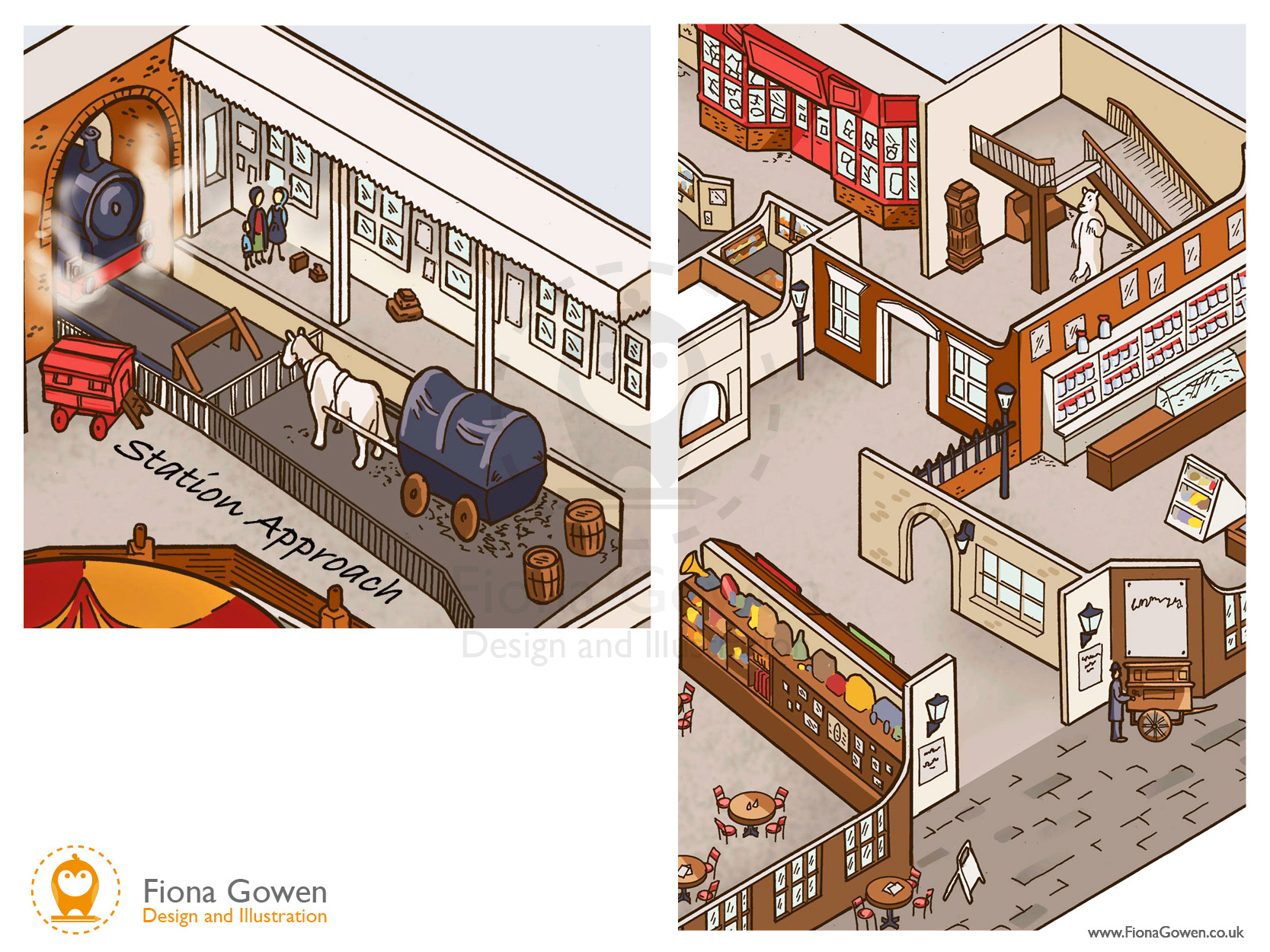 close up crops of illustrated museum visitor map artwork by Fiona Gowen. Showing museum entrance, stairways and shop, along with train platform
