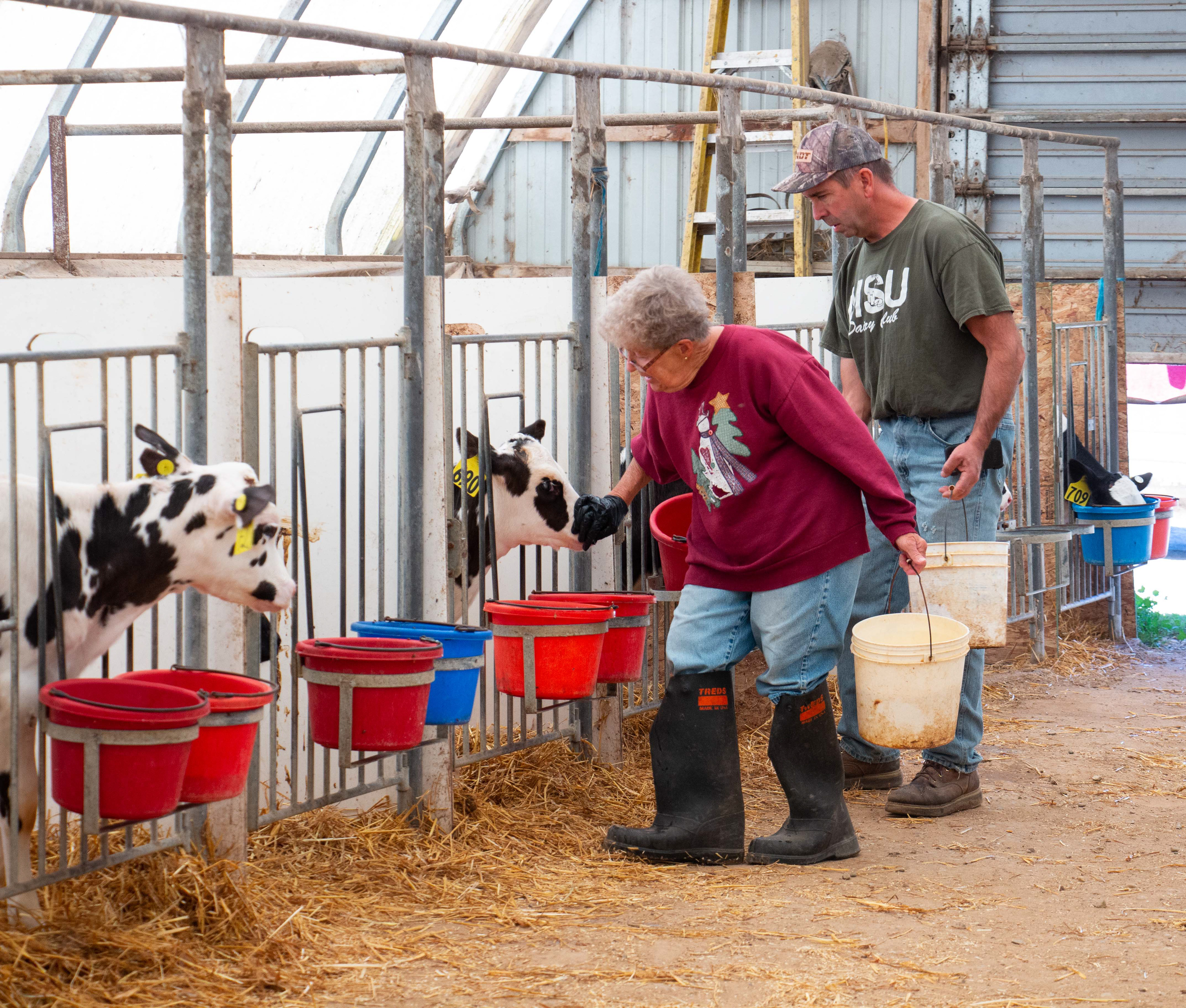 Jerry Neyer, right, helps his mother, left, with cleaning out the calves milk bowls to keep the flies away on in the nursery on Neyer Farms located in Mt. Pleasant, Michigan on September 4, 2020. “My mother and father are retired, but they really are not, they love this place too much to fully retire,” said Jerry.