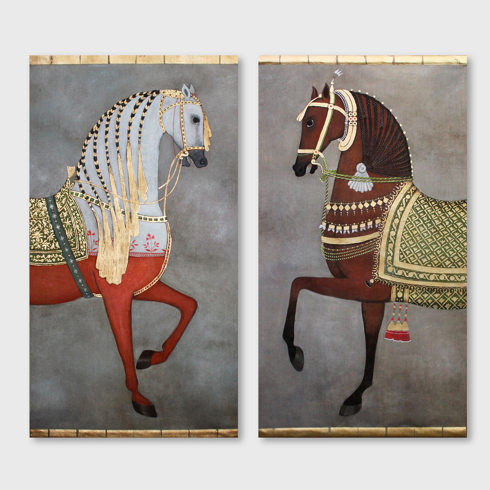 Panneau cheval blanc & chevla brun peint à la main sur lin - 120 x 220cm - 2 400€