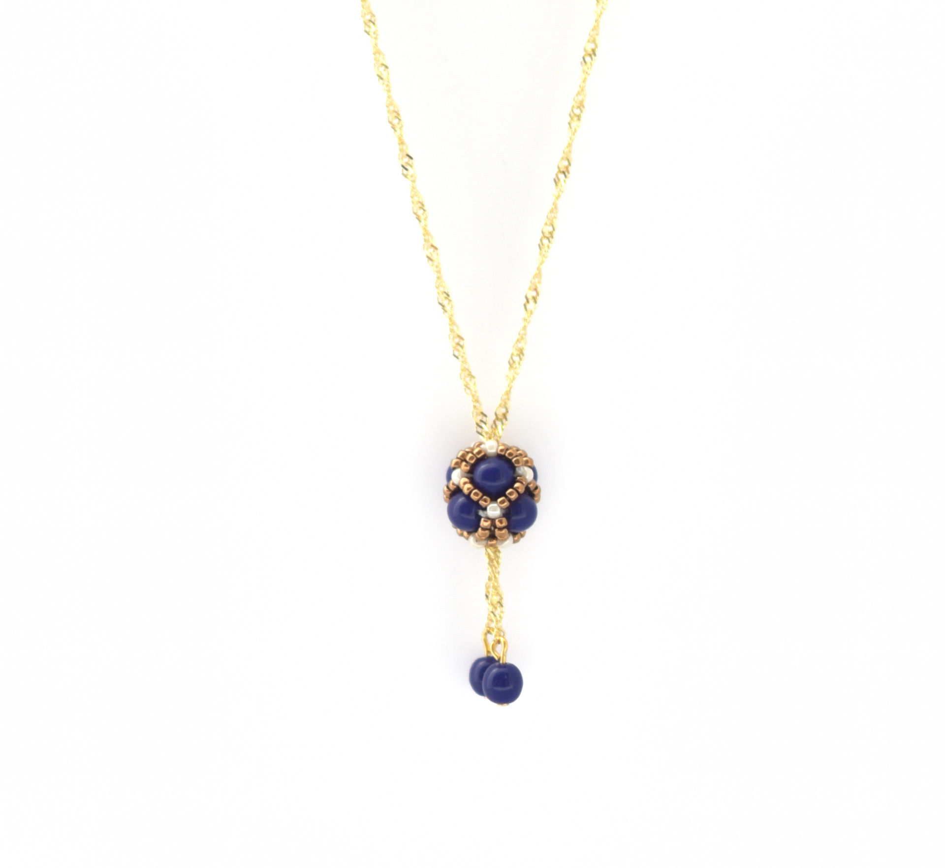 Pendentif 'boule' en perles de verre avec chaine en argent plaqué or - 48€ Ref. FB-PENB (Bleu lapis)