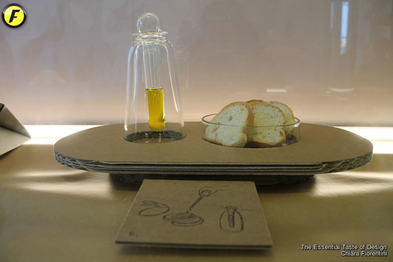 Iksir Set, Oil and Bread tasting, glass and cardboard, exhibited in milan design week 2017 (mdw2017), The Essential Taste of Design with Essent'ial, Matteo Ragni, Elissa Massoni, Antonio de Marco, Scuola Politecnica di Design, Nova Vitrex, Max Rommel, ELLE Decor Italy