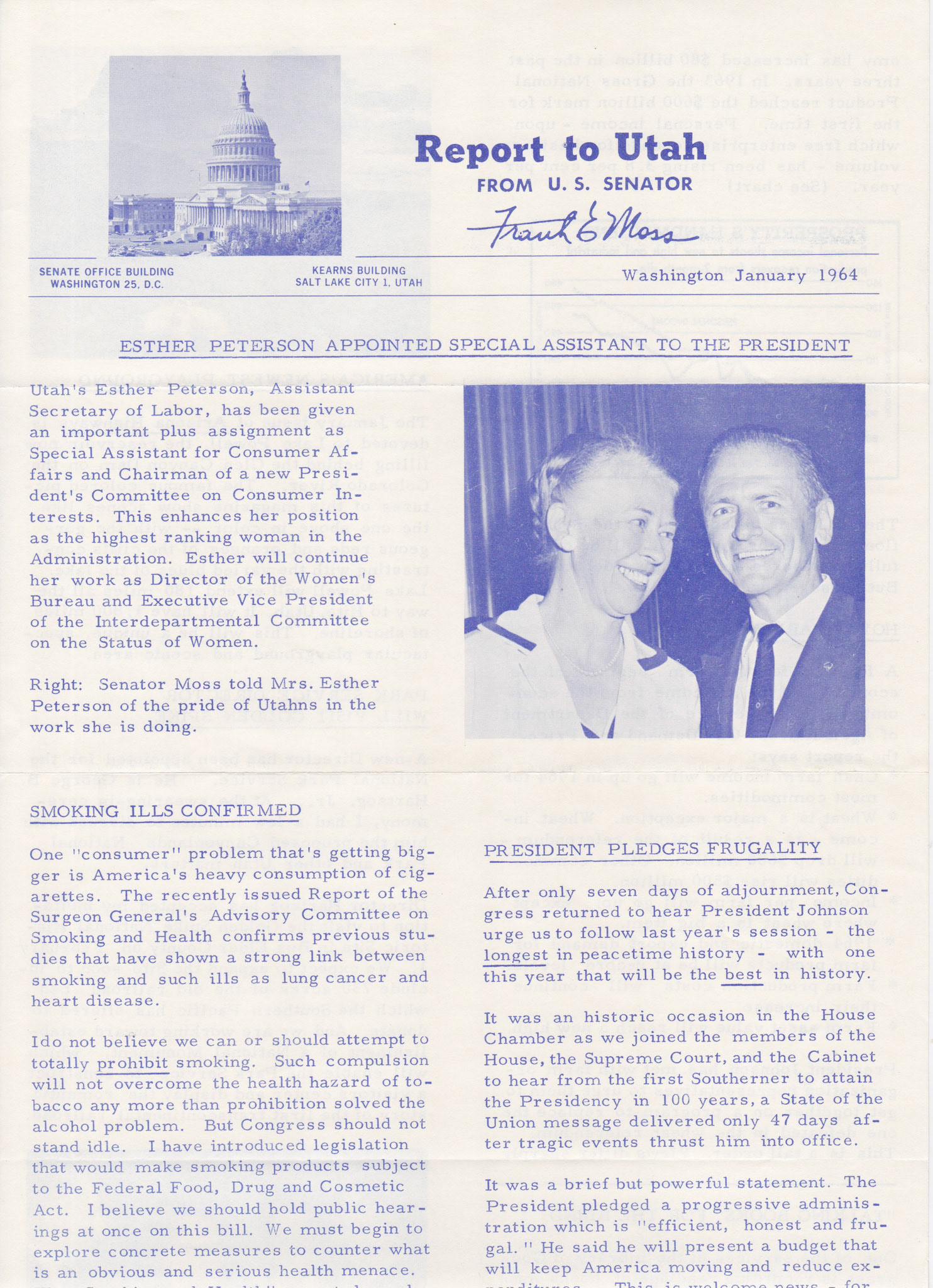 Senator Frank E. Moss report, Jan. 1964, top of page 1. Bernice Gibbs Anderson Collection, NPS