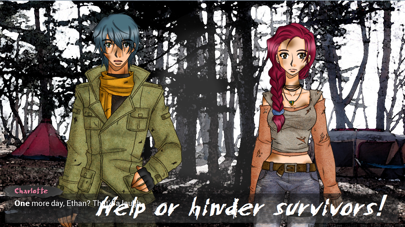 Screenshot of a red-headed woman and blue-headed male in dirty clothing, in front of a campsite.