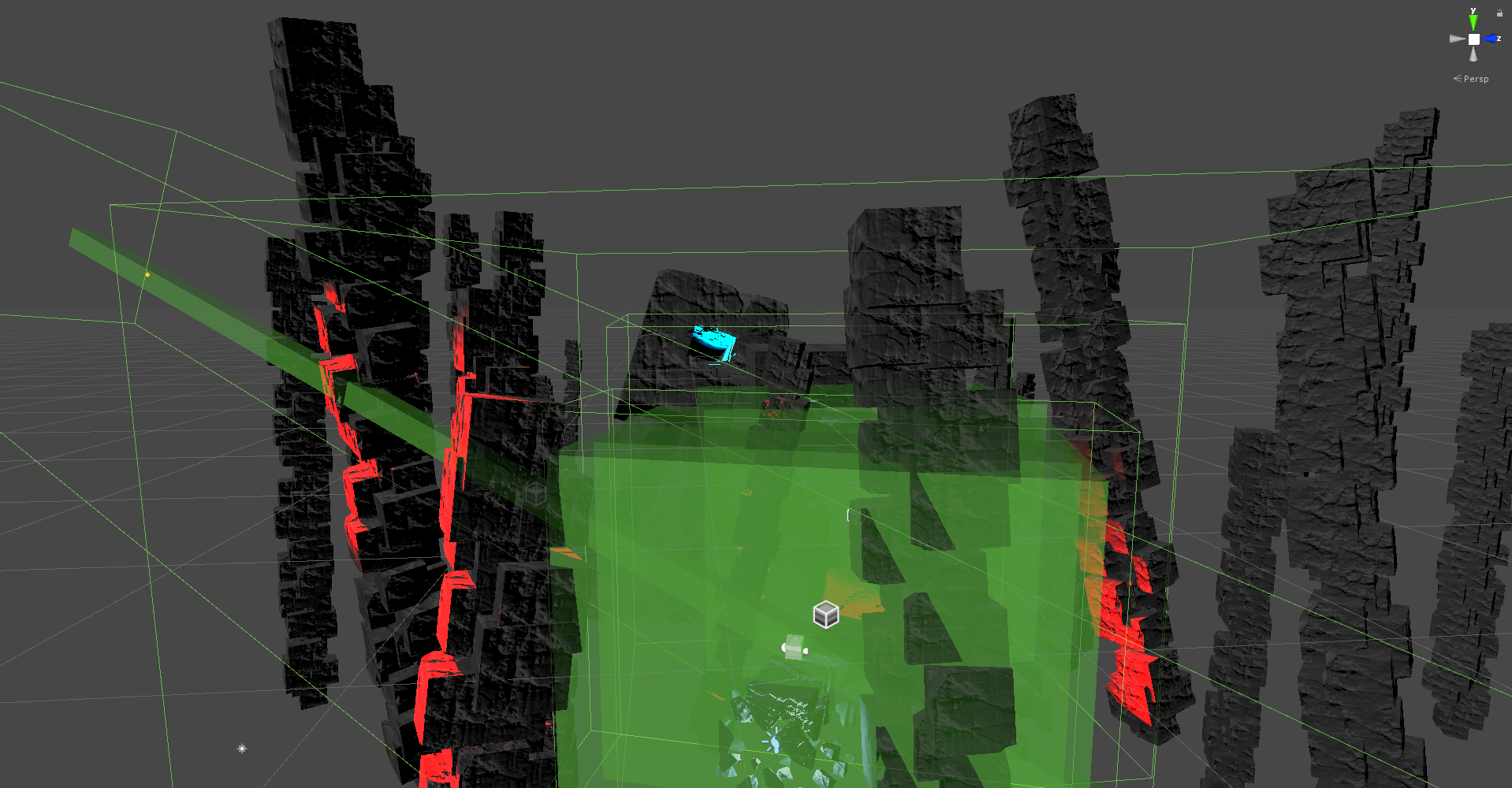 Frame 1 overview without post processing, showing the different post processing volumes (green colliders)