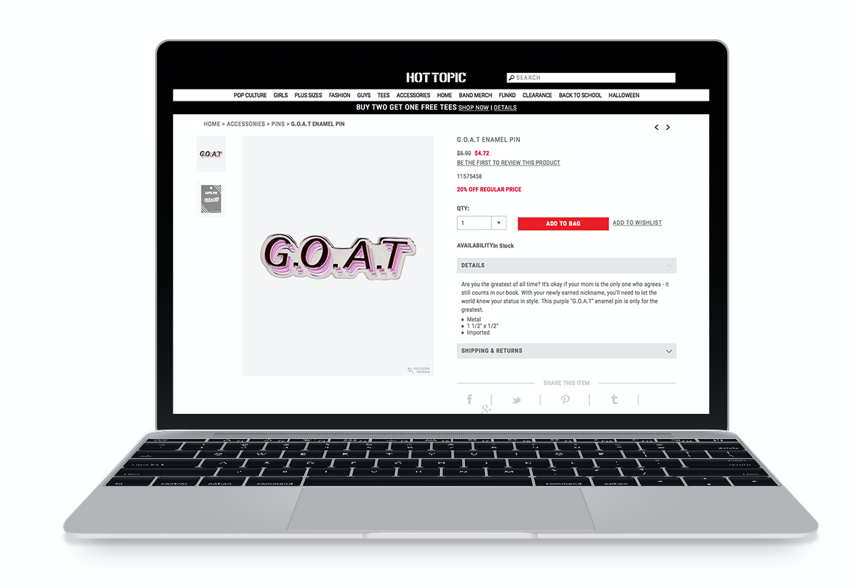 G.O.A.T Pin on Hot Topic Site