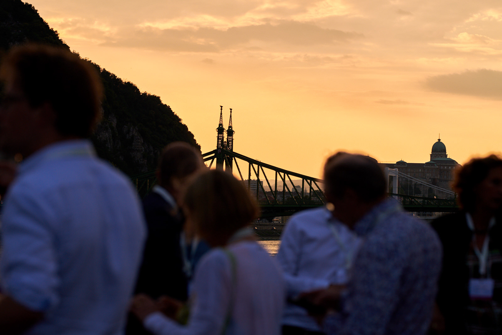 Photo of the participants and Szabadsag Bridge in the sunset.