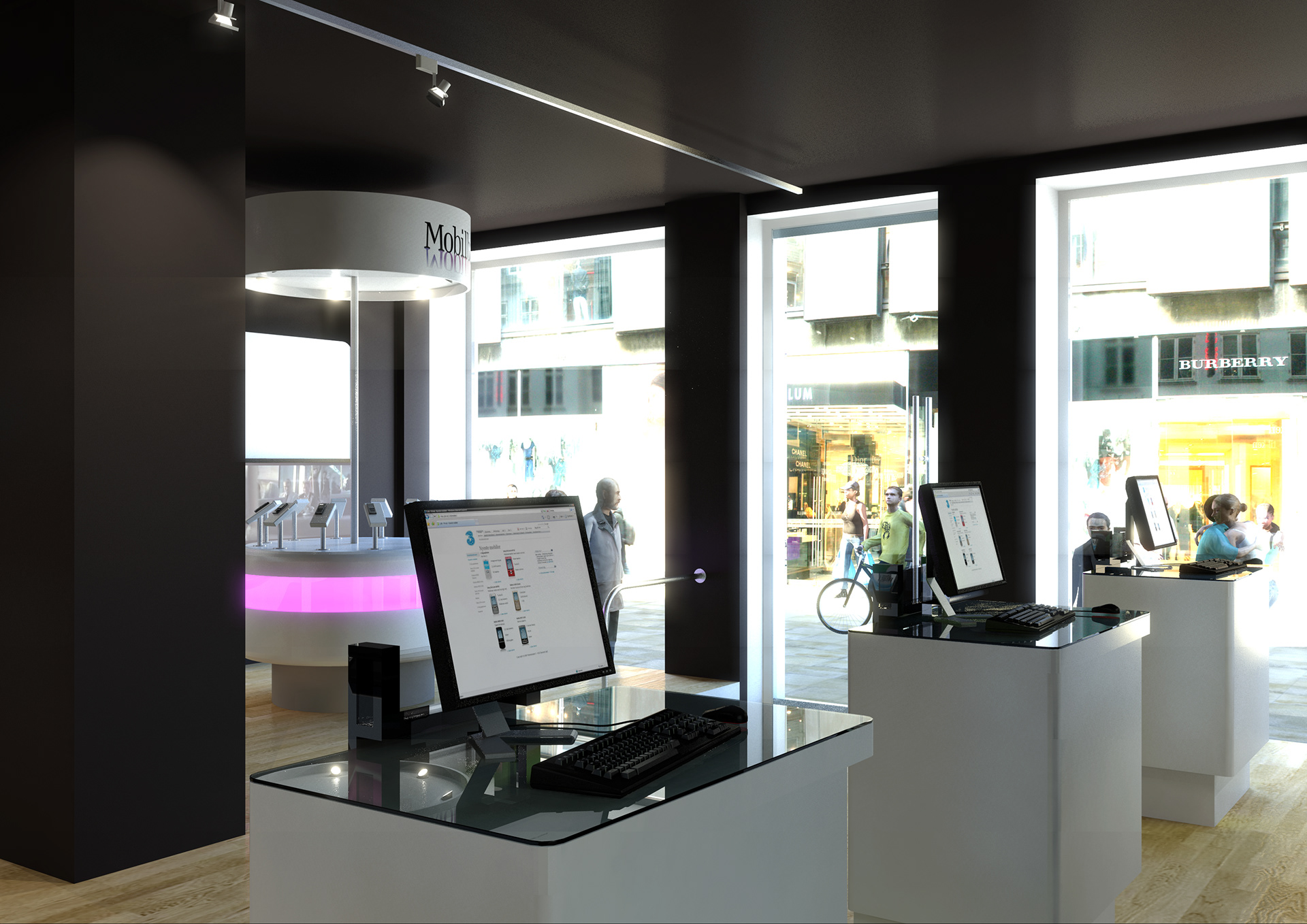 munching økse Atticus LKE Design - 3D visualisering - 3 Mobil Shop, Strøget Copenhagen