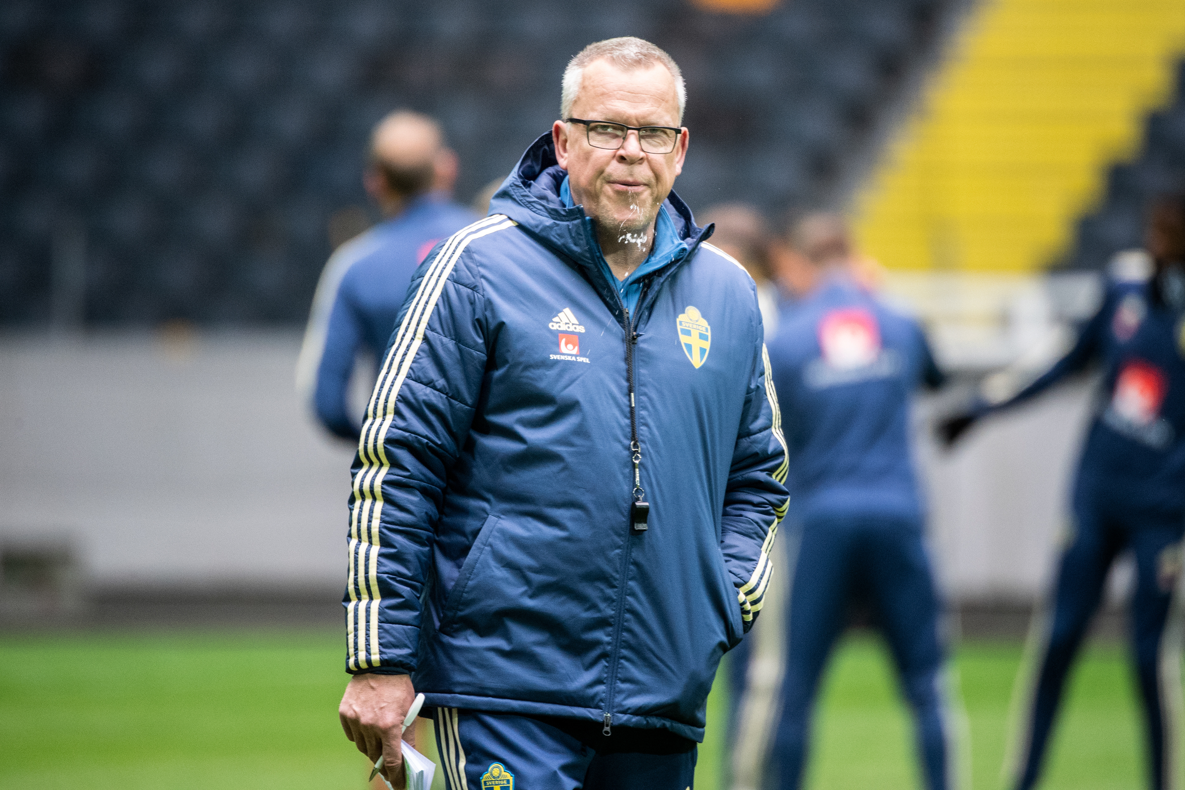 Förbundskapten Janne Andersson under onsdagens träning på Friends Arena inför EM-kvalmatcherna mot Malta och Spanien.