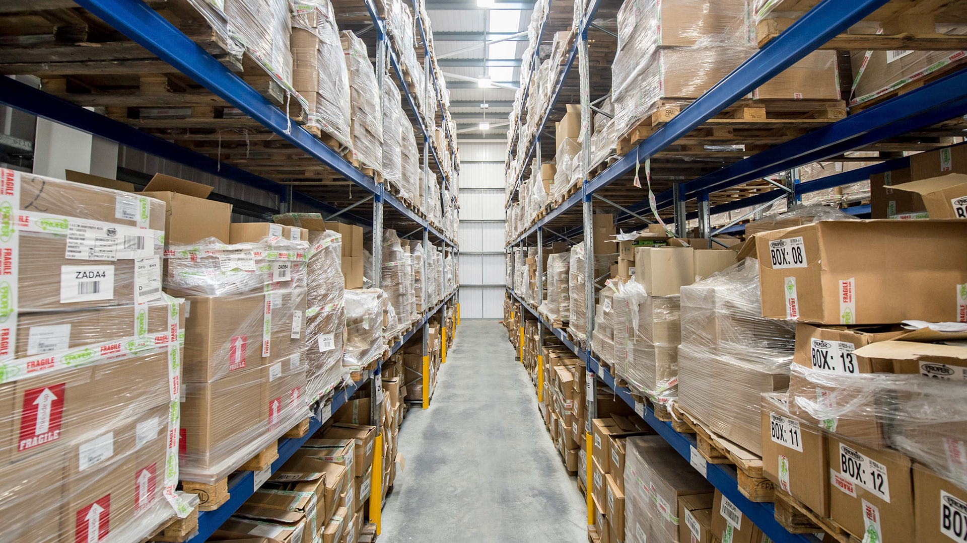 Rows of shelves and product in boxes contained in a wharehouse