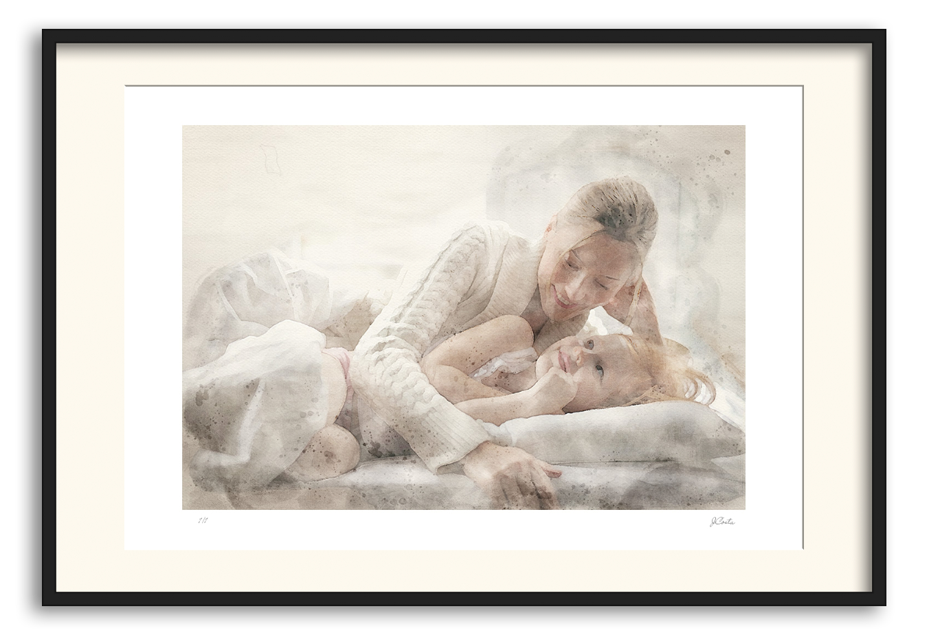 watercolor style image with mother and daughter lying on the bed
