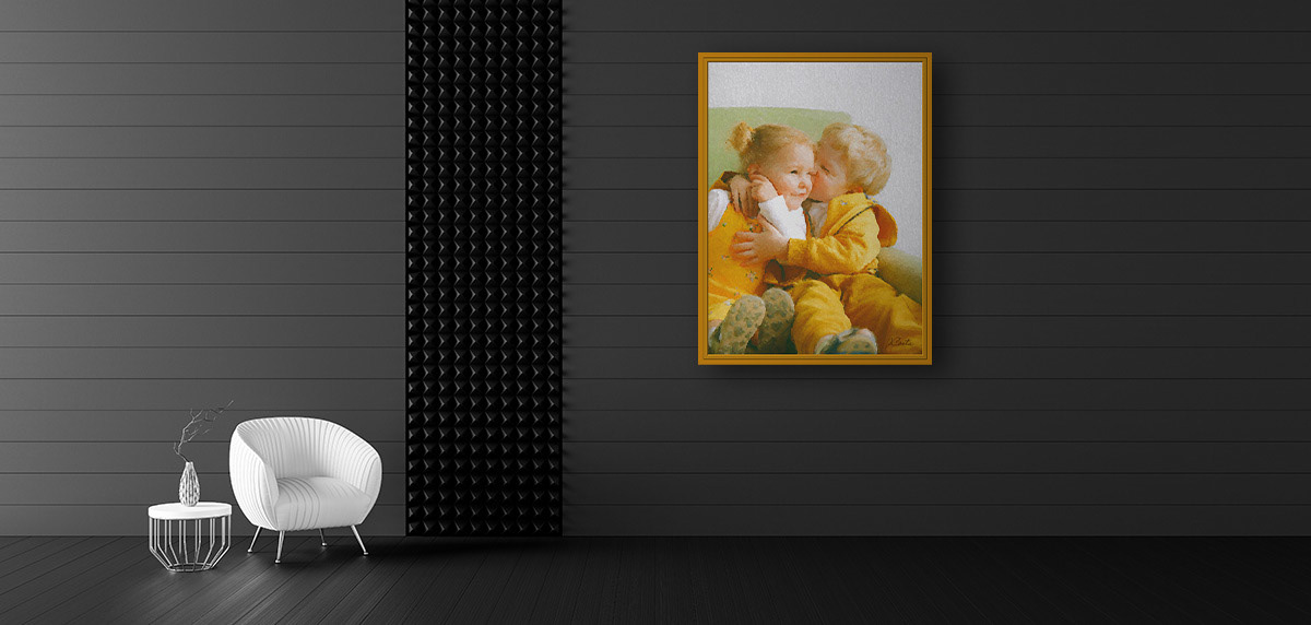 picture of a room with a painting of a girl and a boy on the wall.