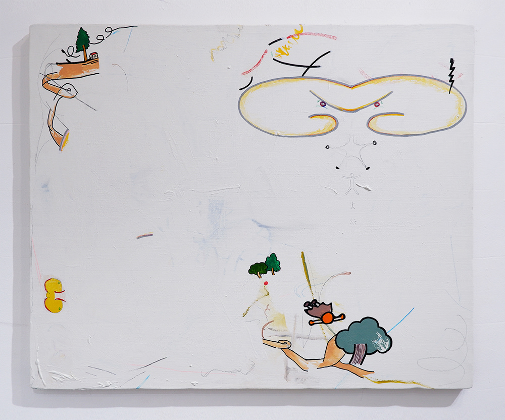 No.14 / title : パラシュート / artist : 齋藤 祐平 / medium : キャンバス、油彩、ペンキ、マーカー、ガッシュ、鉛筆、色鉛筆、インク / year : 2020 / size : W650×H530×D20mm / price : ¥35,000-