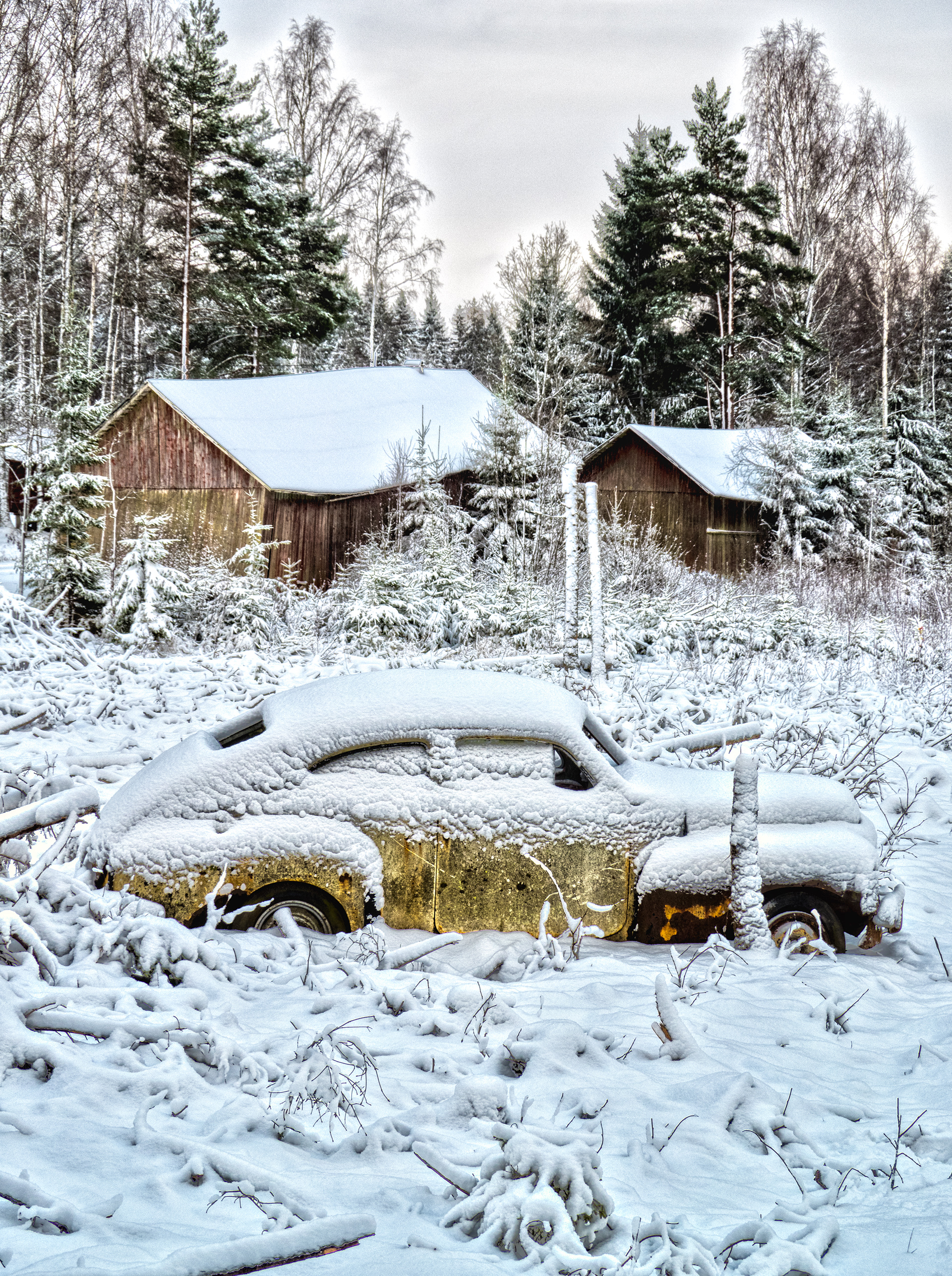 Vintage rusty Volvo Pv 544 abandoned in the snow covered field during winter with old barns in the background