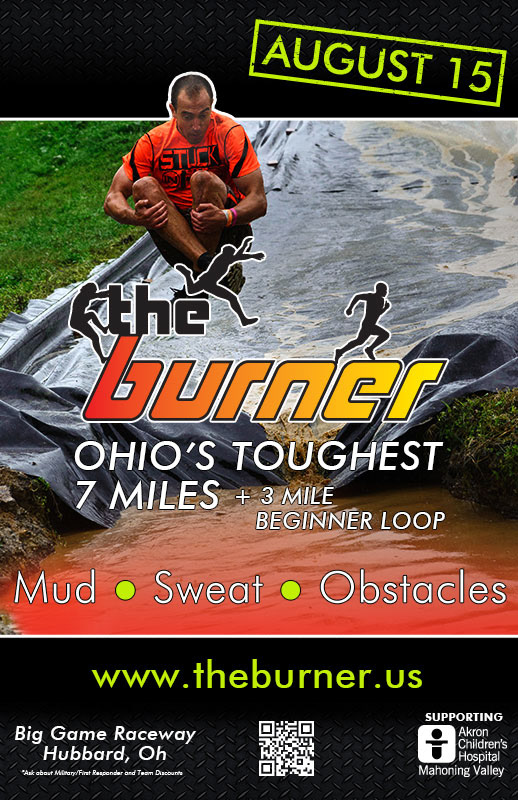 Flyer for The Burner 2016, showing the date, logo, Mud Sweat Obstacles tag line and featuring an image of a runner doing a cannonball into the pool at the end of a course slip'n'slide