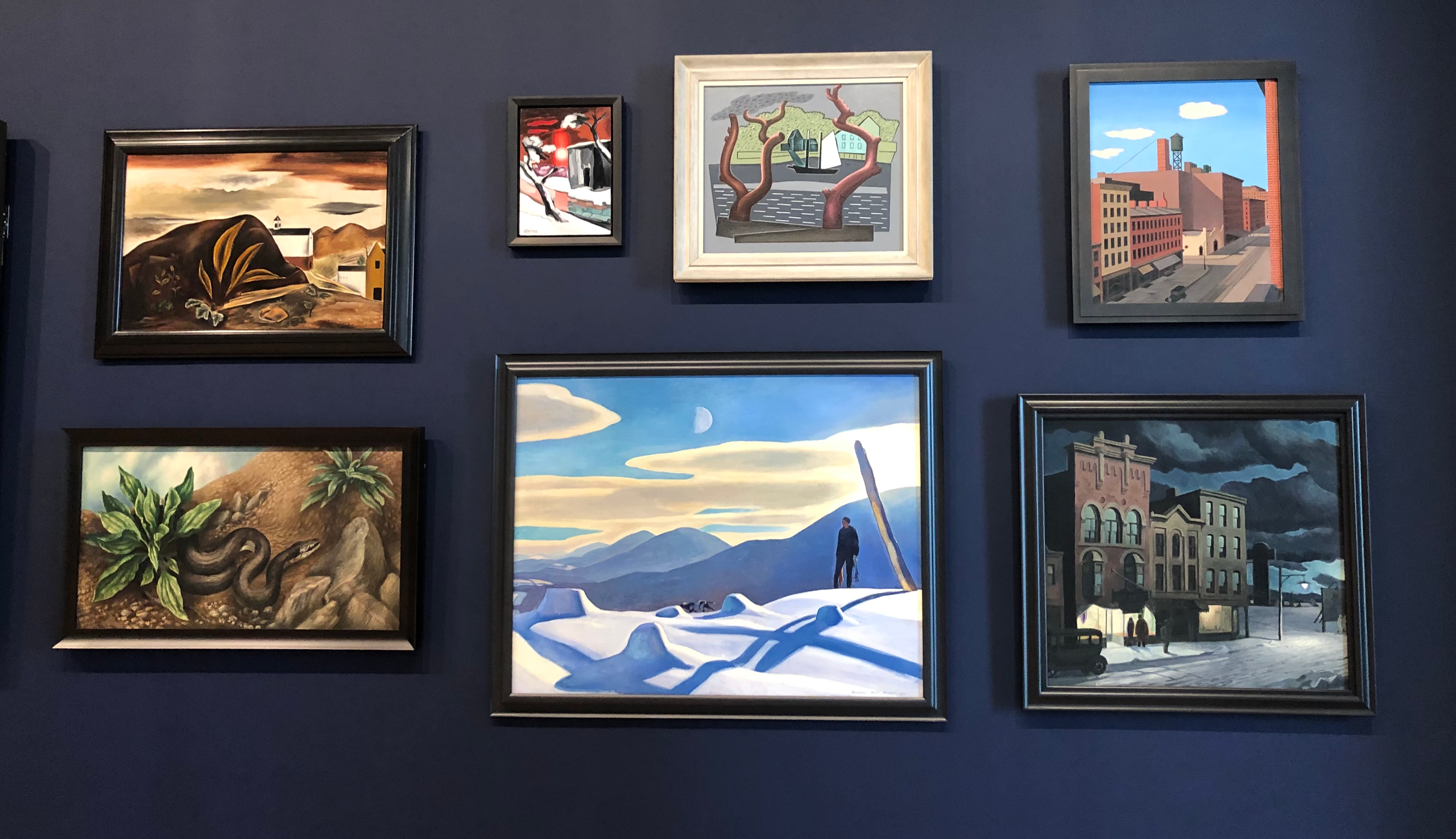 left to right, top to bottom: John Steuart Curry, Baptism in Kansas, 1928; John D. Graham, Head of a Woman, 1926; Thomas Hart Benton, The Lord is my Shepherd, 1926; Rockwell Kent, The Trapper, 1921; George C. Ault, Hudson Street, 1932; Charles Burchfield, Winter Twilight, 1930.