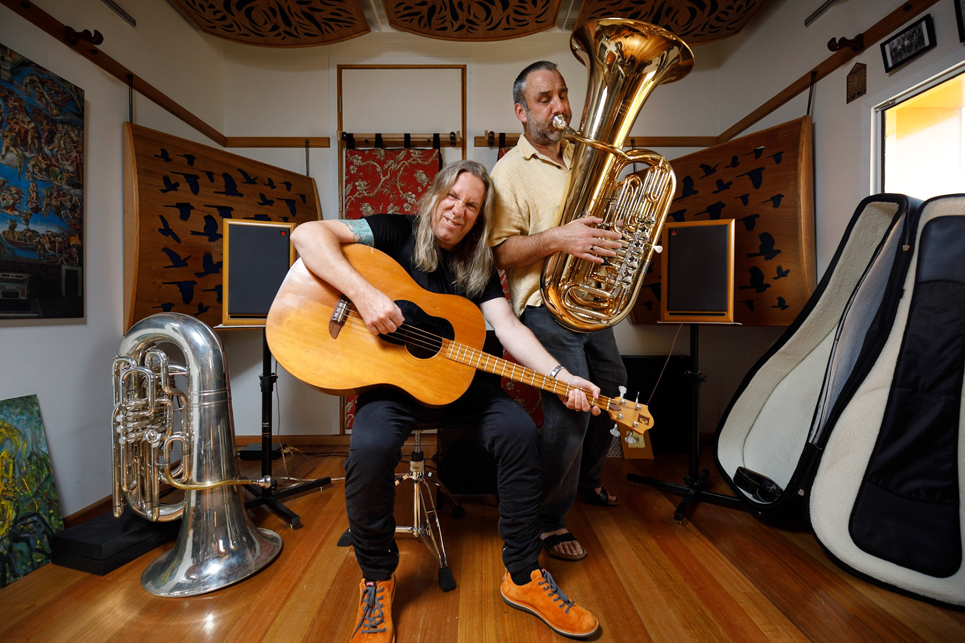 Violent Femmes bass player Brian Ritchie (and artistic director of Mona Foma) with TSO principal tuba player Tim Jones, who has done the orchestral arrangements for a collaboration between the TSO and the Violent Femmes for this years Mona Foma festival in Tasmania.05/01/2018