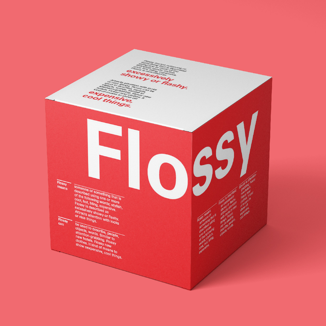 Flossy means someone or something that is described using one or more of the following words; stylish, cool, hot, bling, expensive. This project aim was to have a thorough understanding of letters, their unique characteristics and the opportunities this provides for effective visual communication.