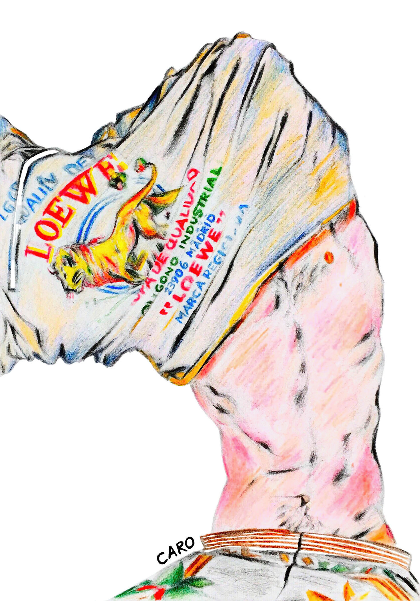 Loewe Sketch Two, graphite and water-based coloured pencils on card paper, 8.27 x 5.83 inches, rendered on Adobe Photoshop, 2018. Courtesy of Loewe, Jonathan Anderson, Duane Michals and Vogue Runway