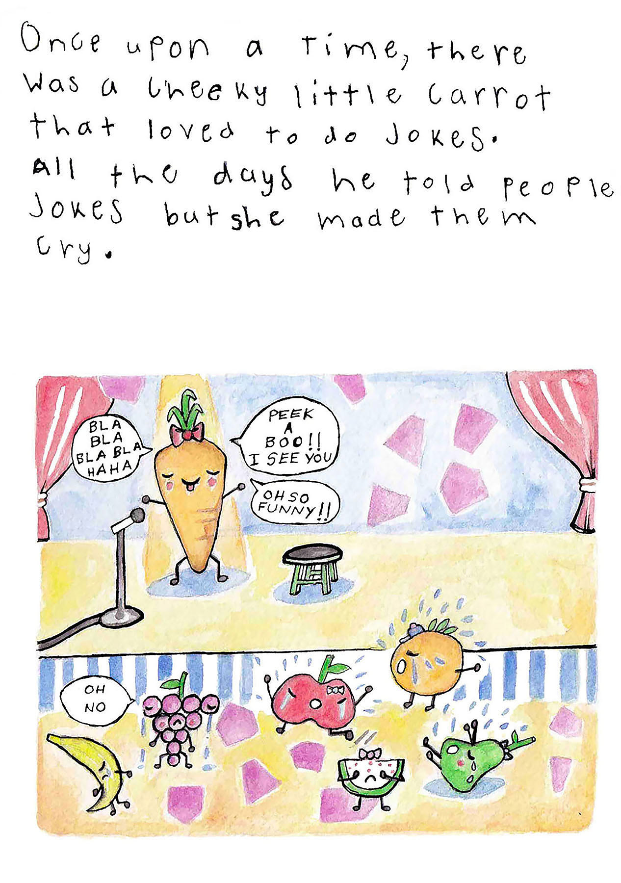 Cheeky Little Carrot (Page 1), water-basedcoloured pencils and marker pen on card paper, rendered on Adobe Photoshop, 2020.