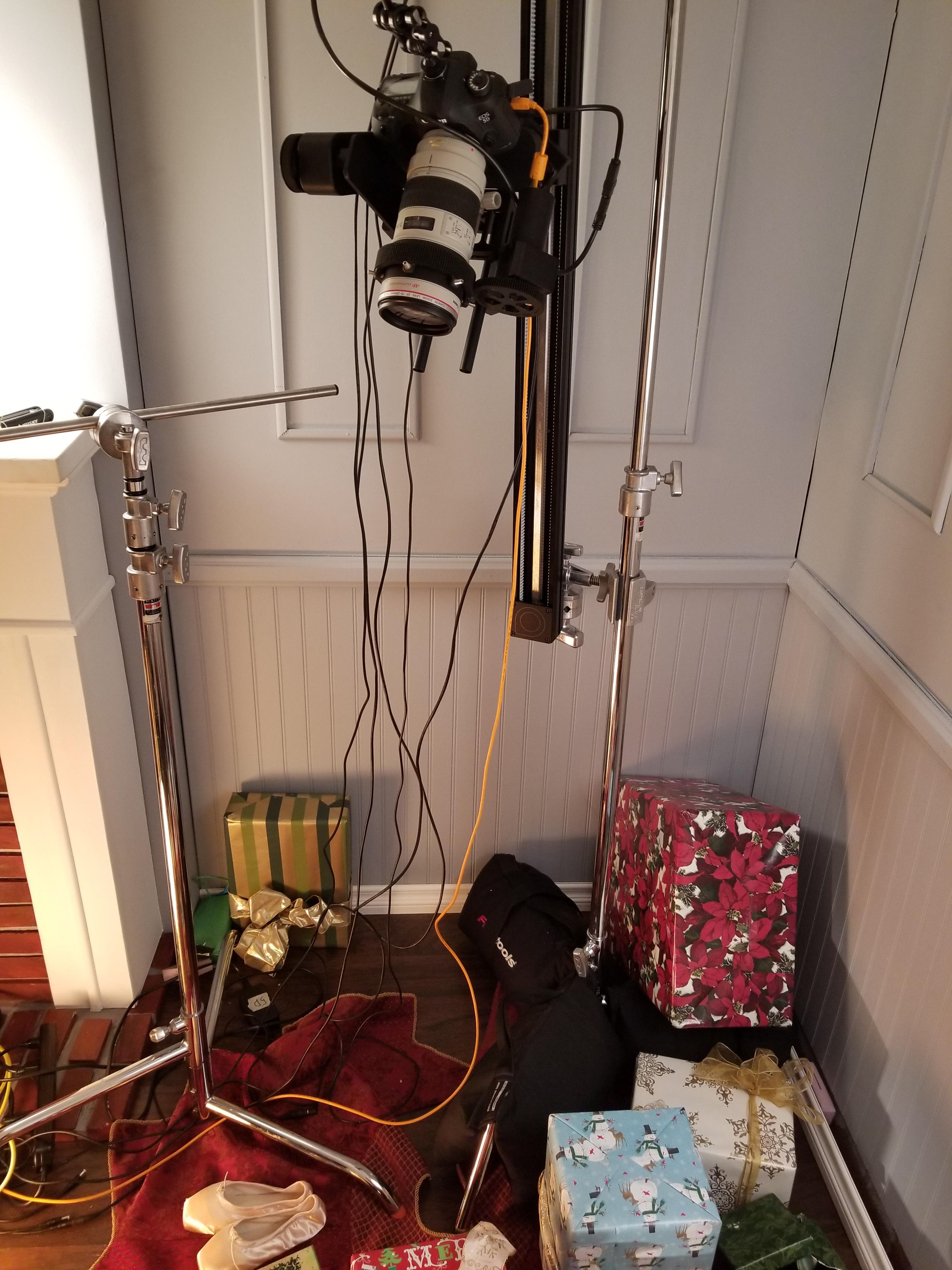 Motion control rig tucked very tightly in the corner for the angel toy's perspective shot as he flies up the tree.