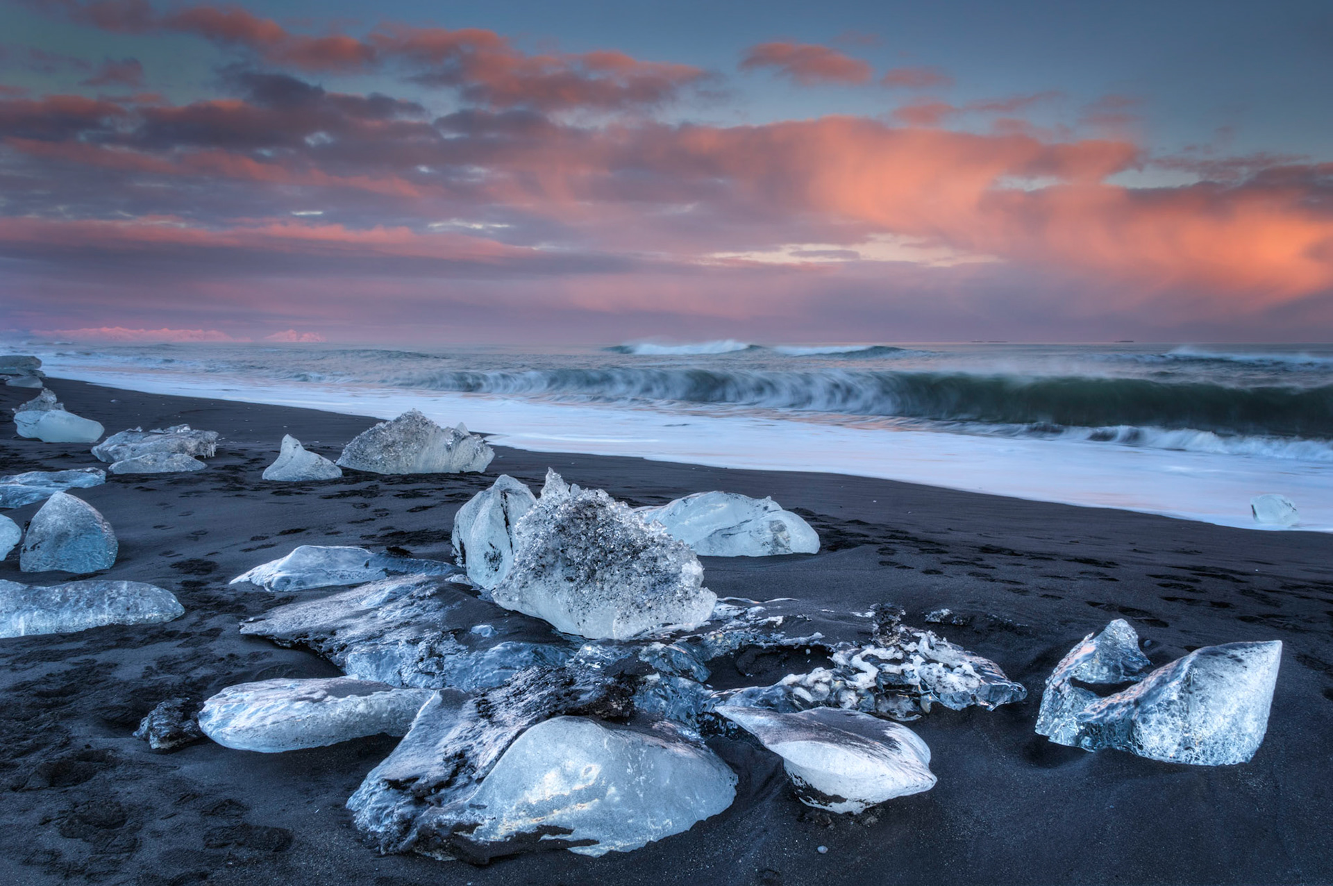 Sunset at black sand beach outside of Jökulsárlón.Austurland, IcelandFebruary 9, 2016This is an HDR image consisting of 5 exposures merged in Photomatix Pro. Additional processing in Lightroom and Photoshop.PENTAX K-3, Sigma 18-250mm f/3.5-6.3 DC OS HSMISO 100 18 mm  0.6 sec at ƒ / 13