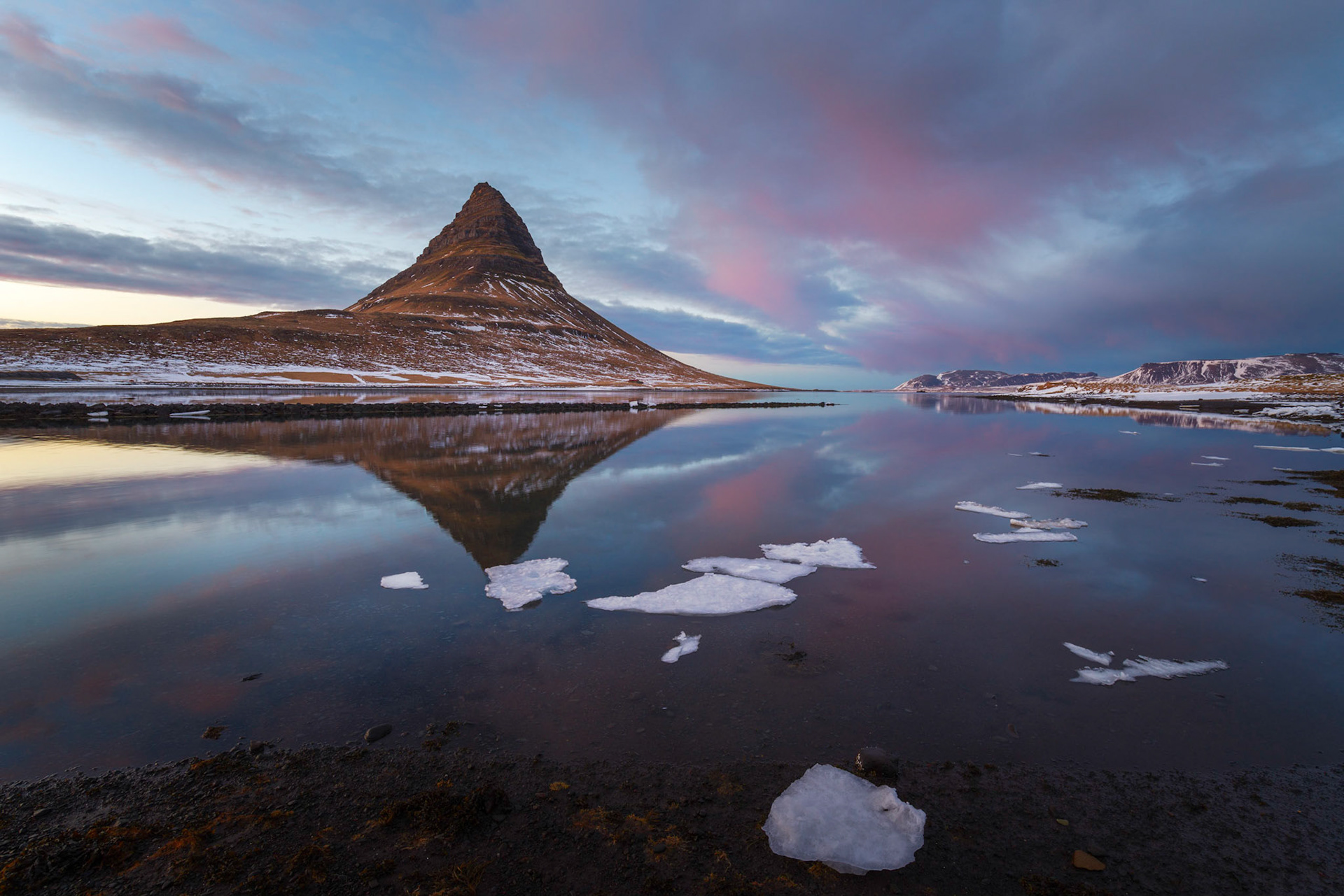 Reflections of Kirkjufell on the  tidal lagoon.Grundarfjörður, Vesturland, IcelandMarch 13, 2018PENTAX K-1, HD PENTAX-D FA 15-30mm F2.8ED SDM WRISO 100 15 mm  0.5 sec at ƒ / 16