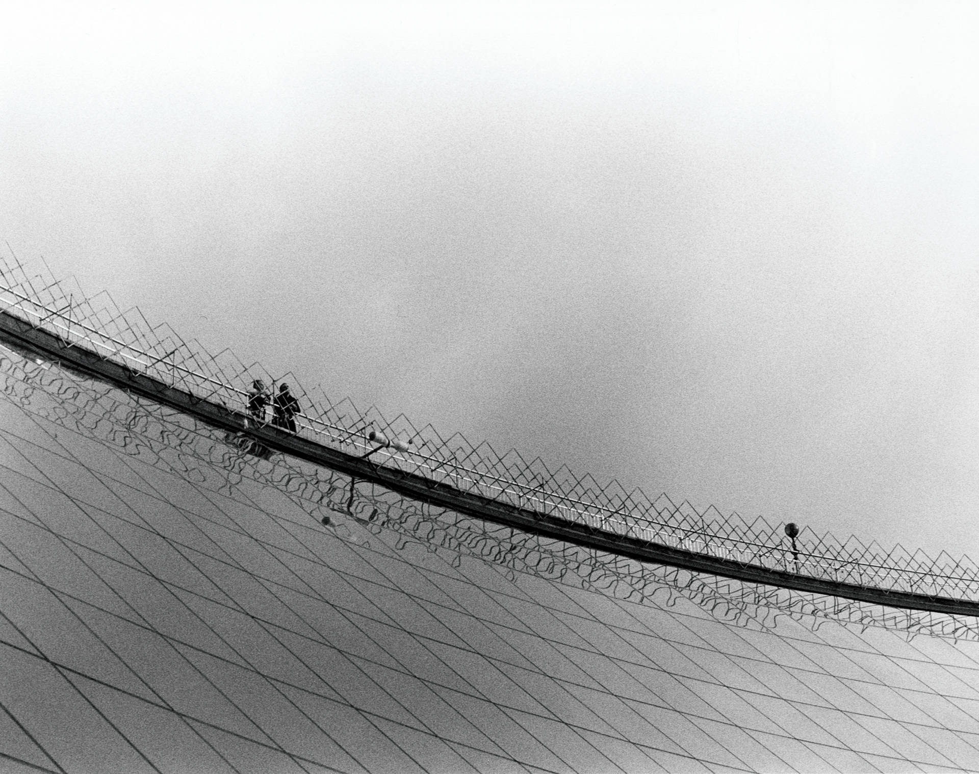 taken from an angle far below them, 2 people look out over the edge of a modern glass and metal building