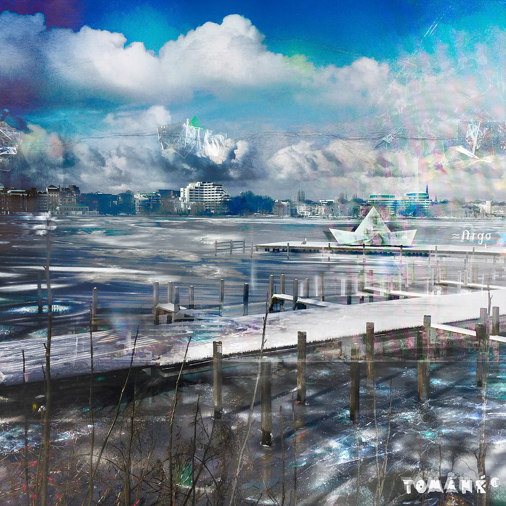 Argonauten Nr.1; Argo; Papierboot; Landscape, Urbanität; Winterzeit; Hamburg; Außenalster; Barca; Fotoillustration