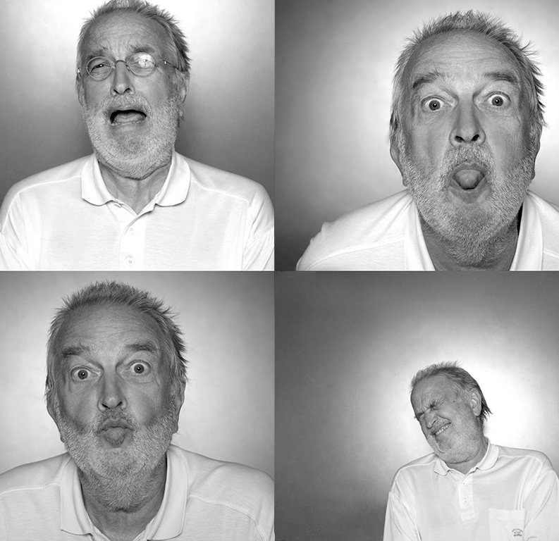 4 Fotos, Mimik eines Mannes der als Clown arbeitet